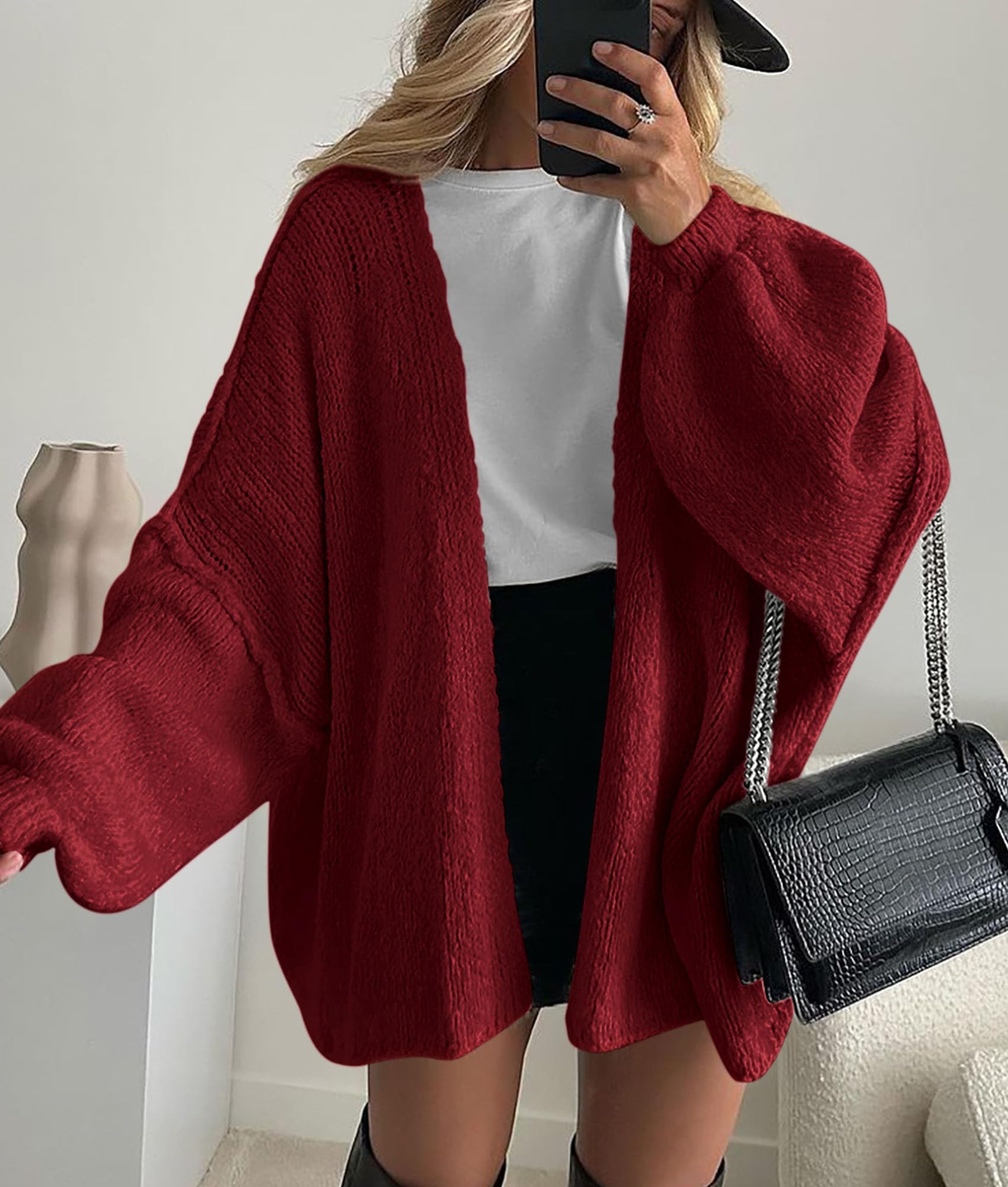 Womens Open Front Oversized Cardigan Sweaters,Wine Red,XS