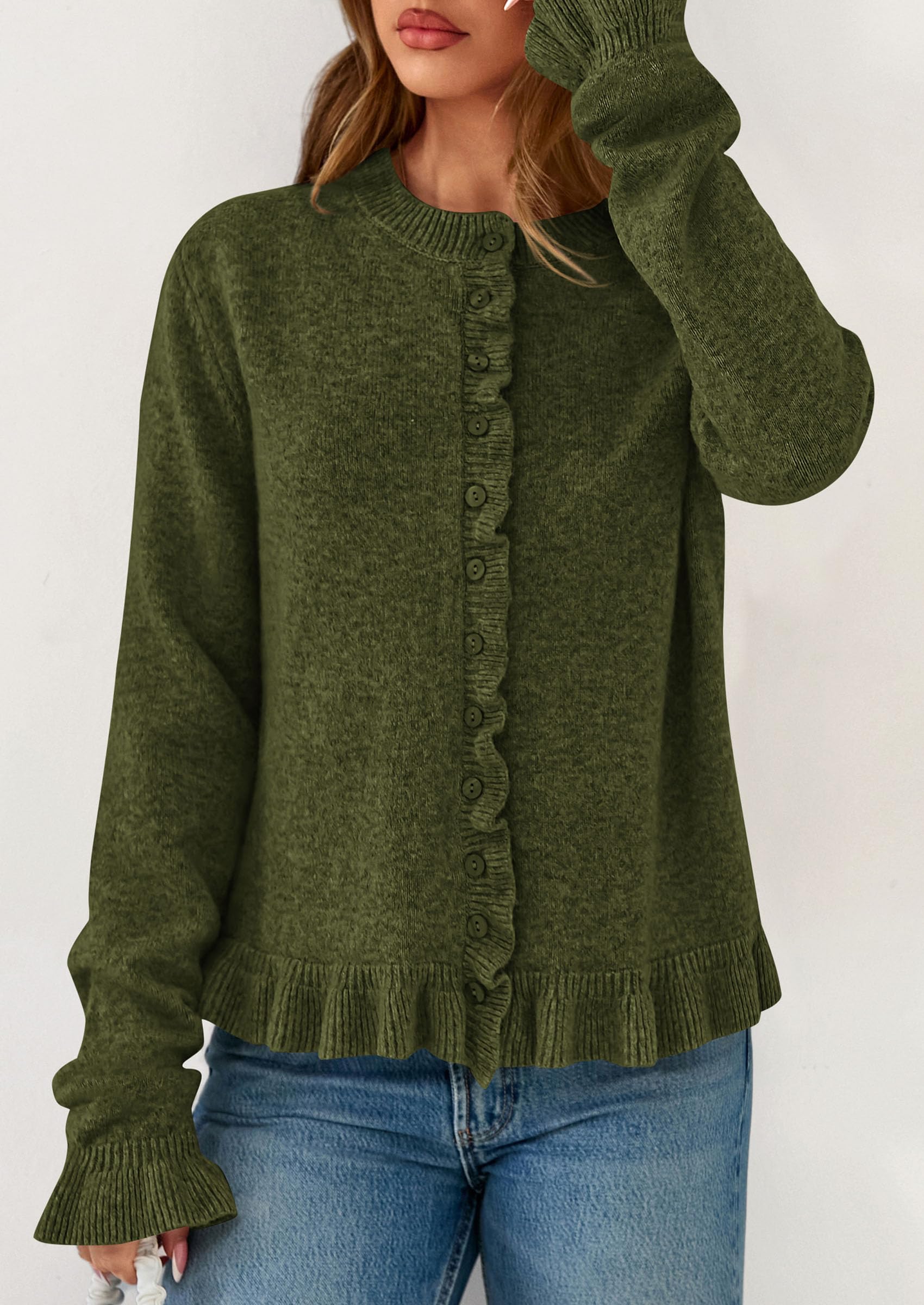Womens Ruffle Button Down Cardigan Sweaters,Army Green,S