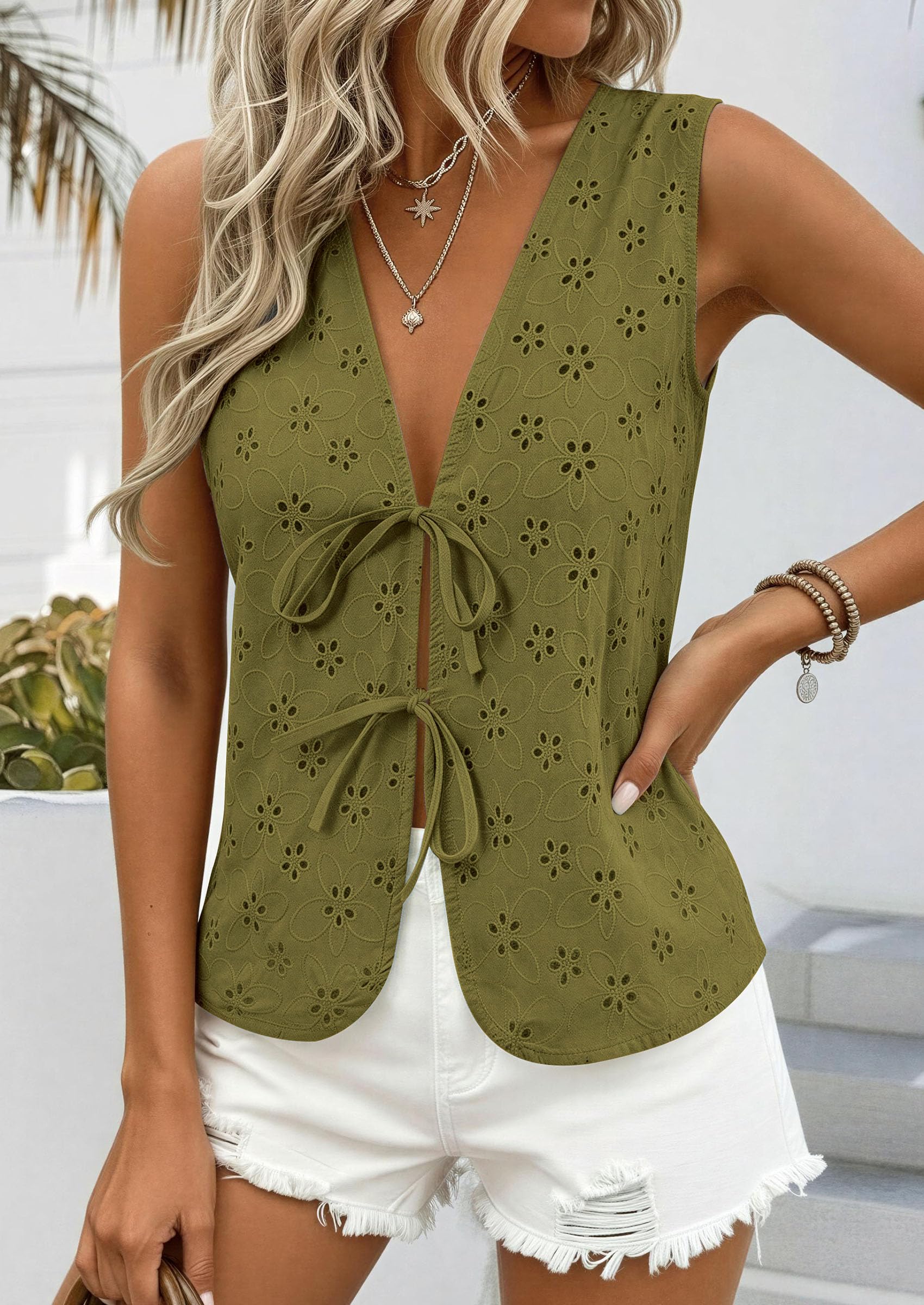 Women's Summer Eyelet Lace Tie Front Vest Tops (Army Green,S)