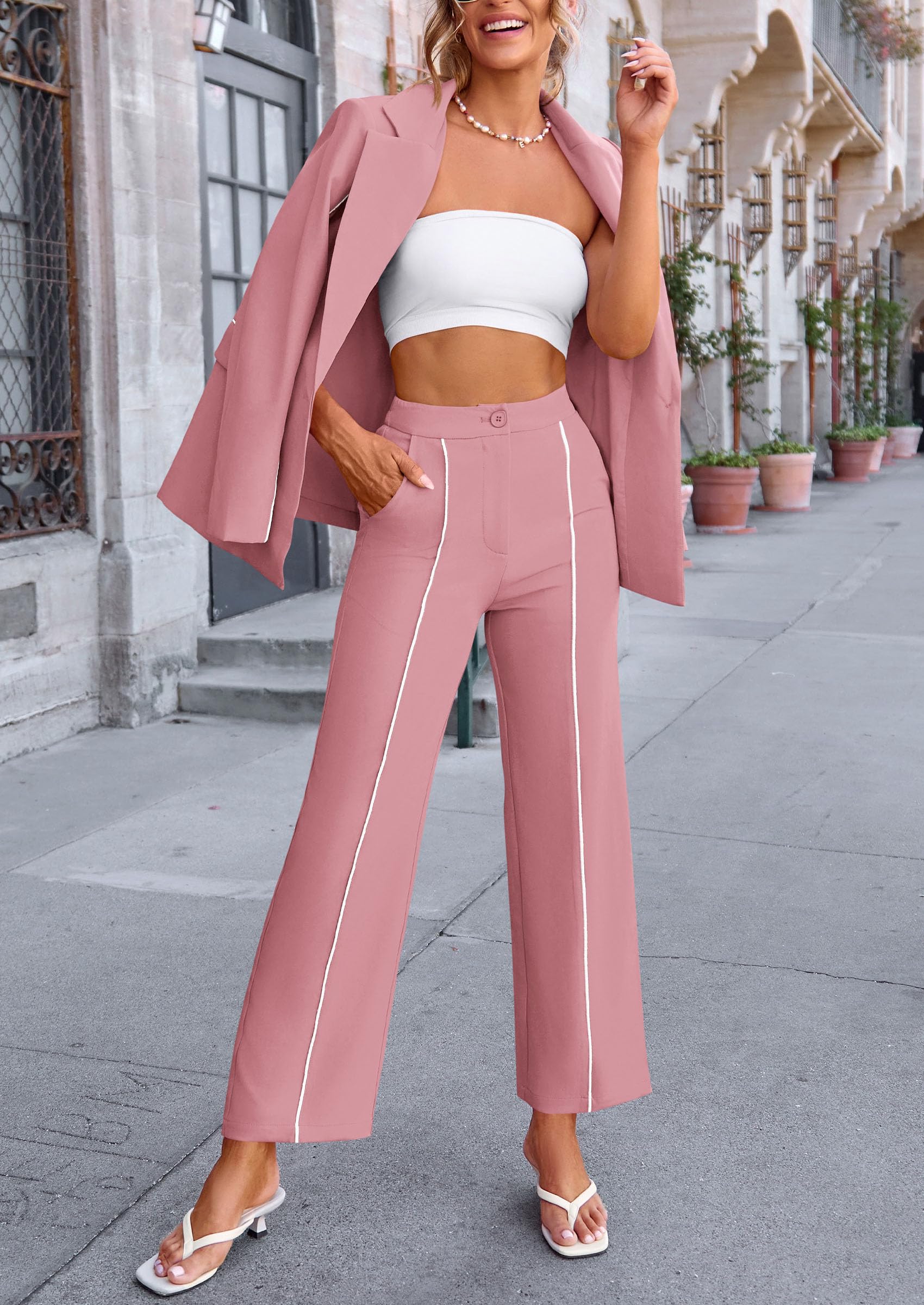 Women's 2 Piece Blazer Business Casual Outfits(Pink,S)