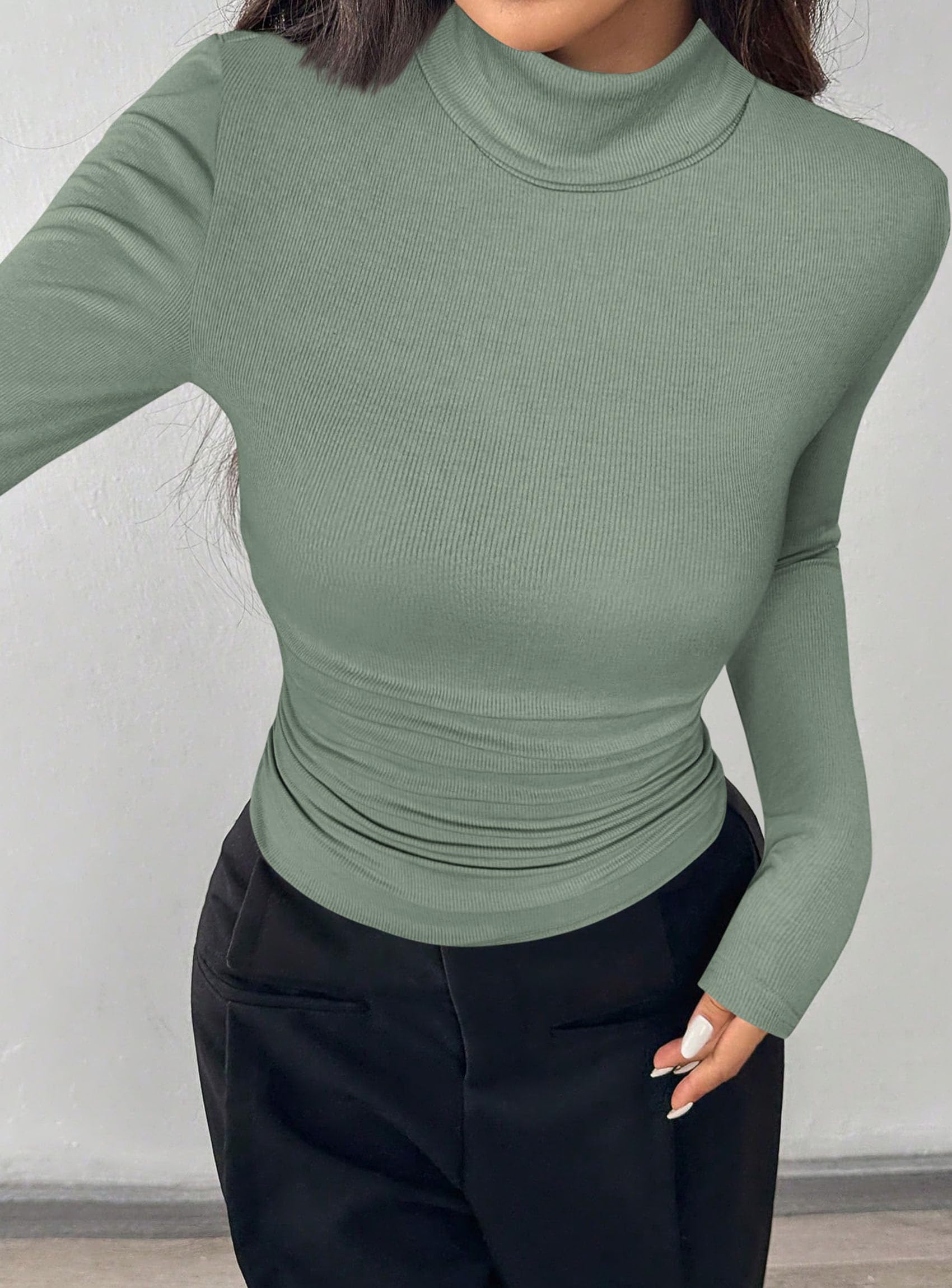 Turtleneck Tops for Women Long Sleeve Shirts, Sage Green, L