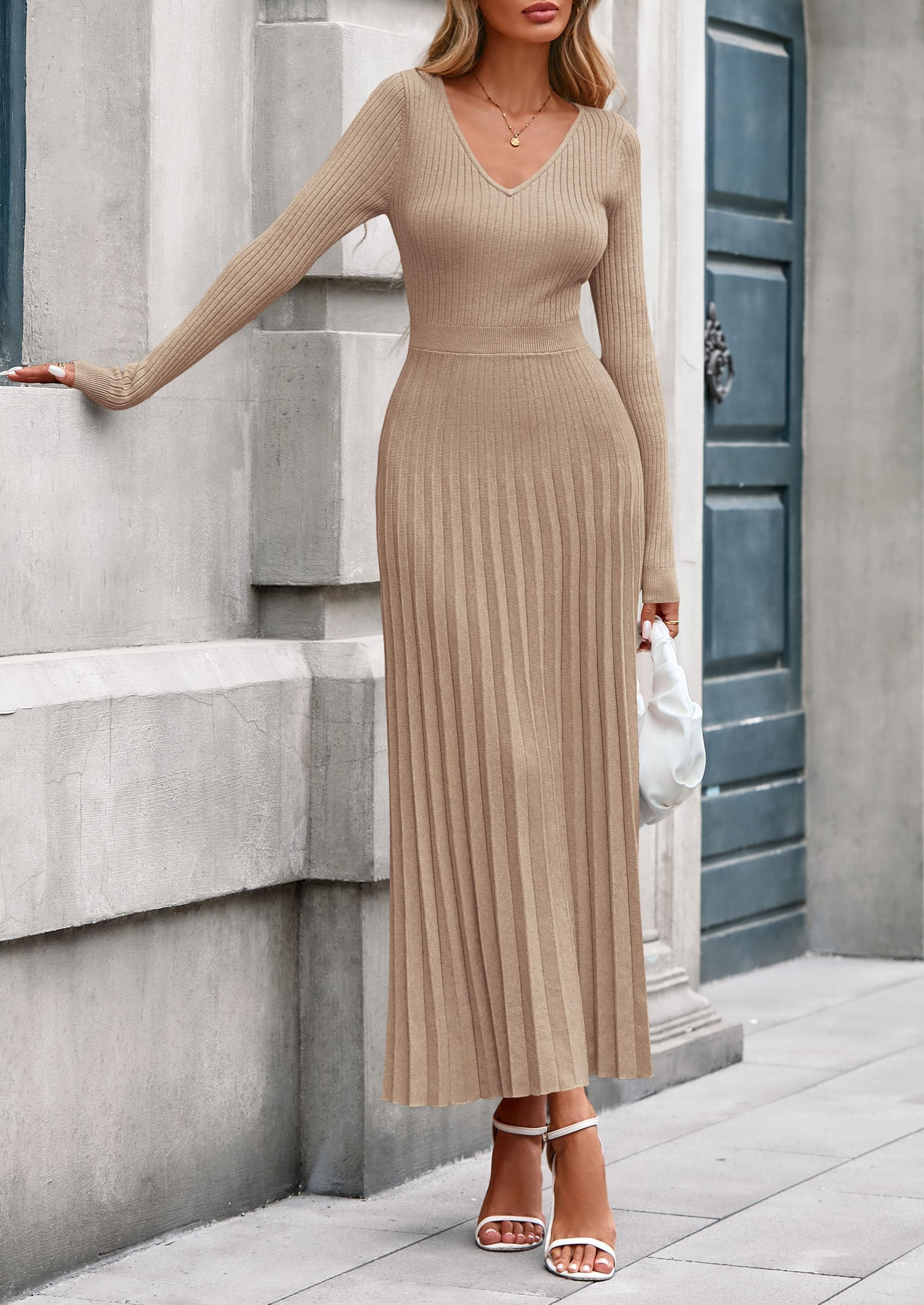 Sweater Dress Women Long Sleeve Maxi Flowy Pleated Dresses