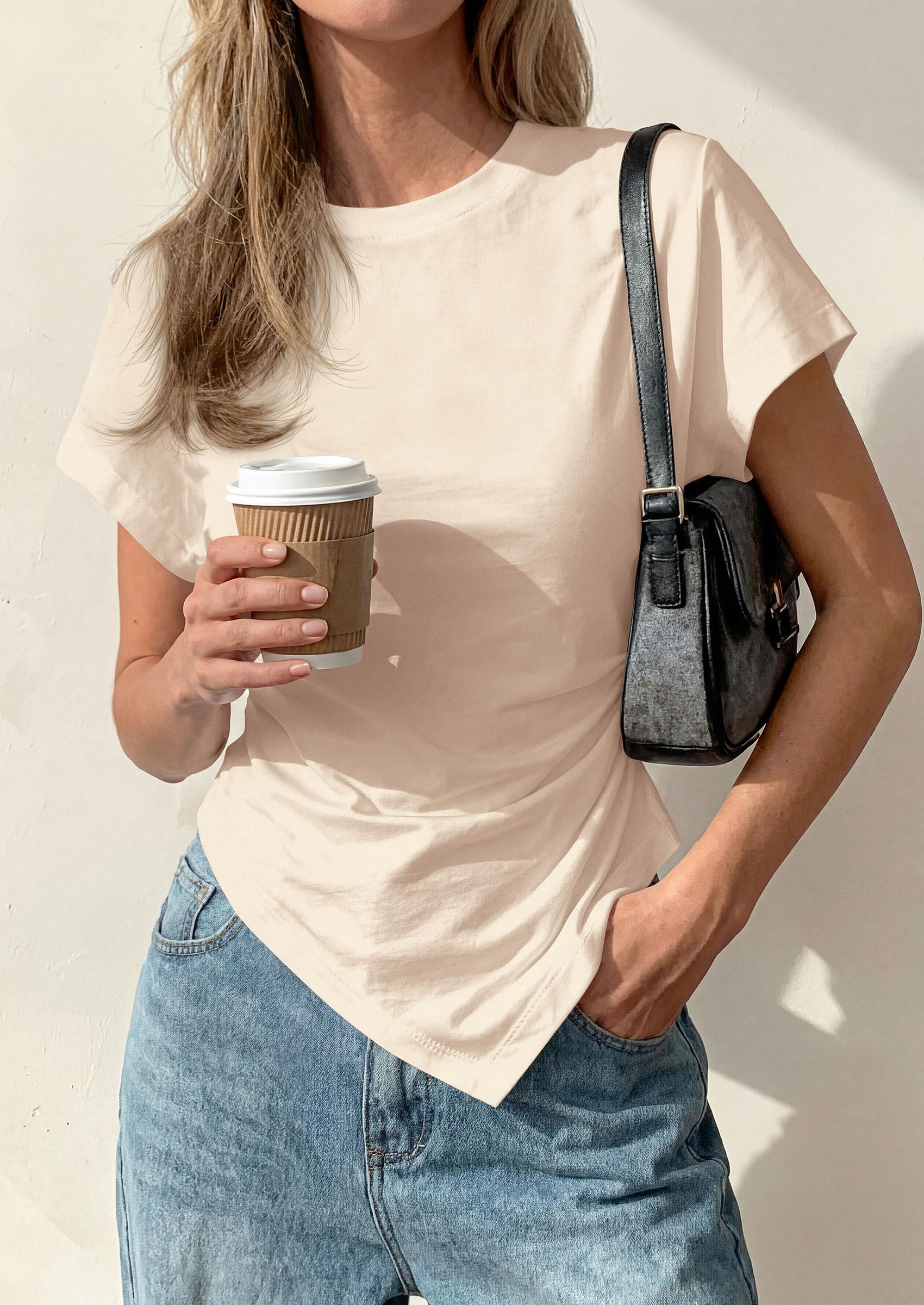 Womens Asymmetrical Summer Short Sleeve Tops,Beige,XS