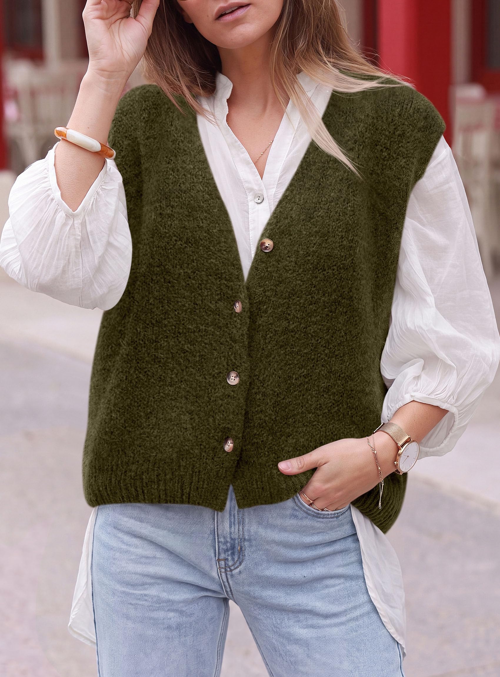 Womens Fall Sleeveless Button Down Sweater Vest,Army Green,S