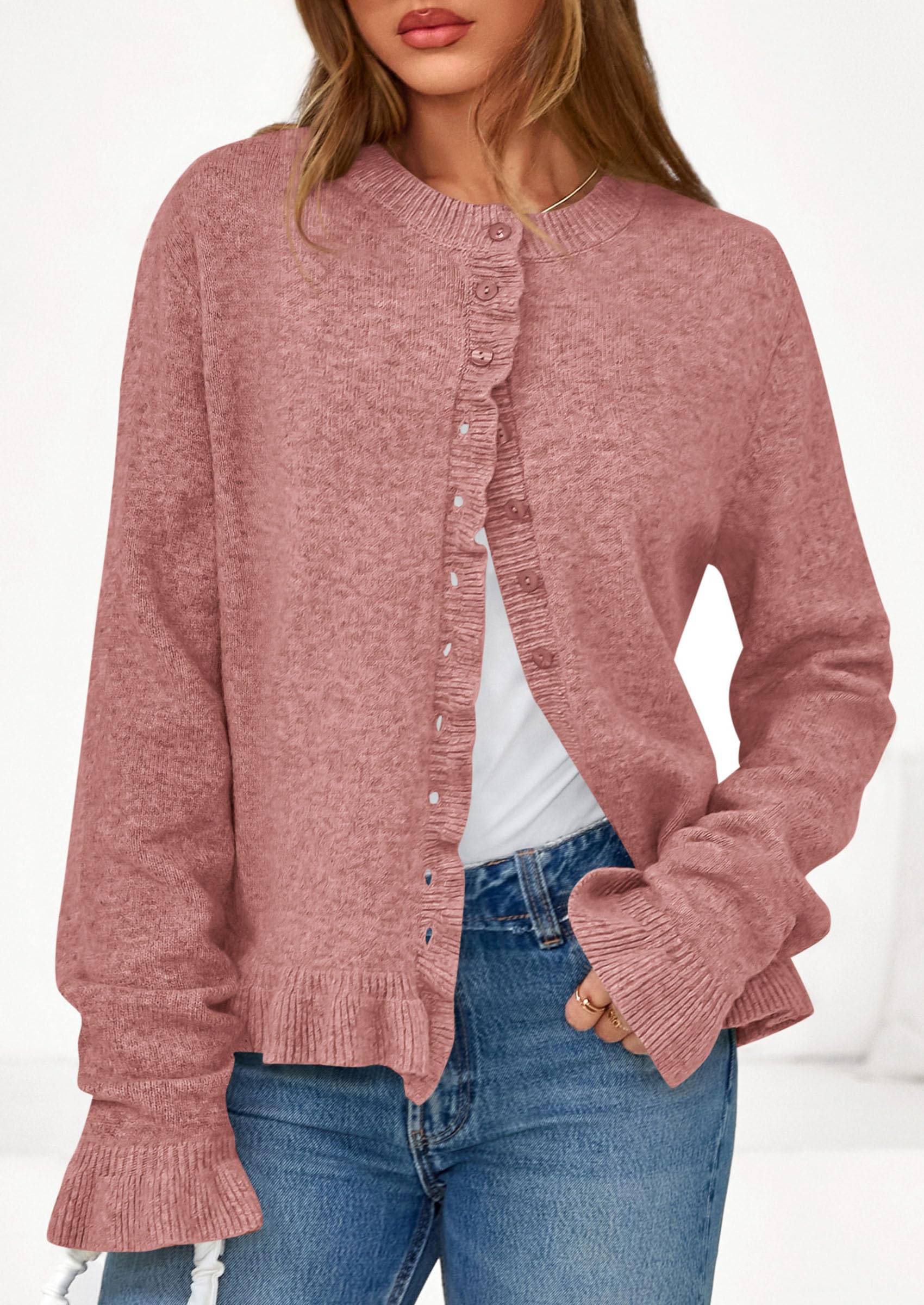 Womens Ruffle Button Down Cardigan Sweaters,Grey Pink,S