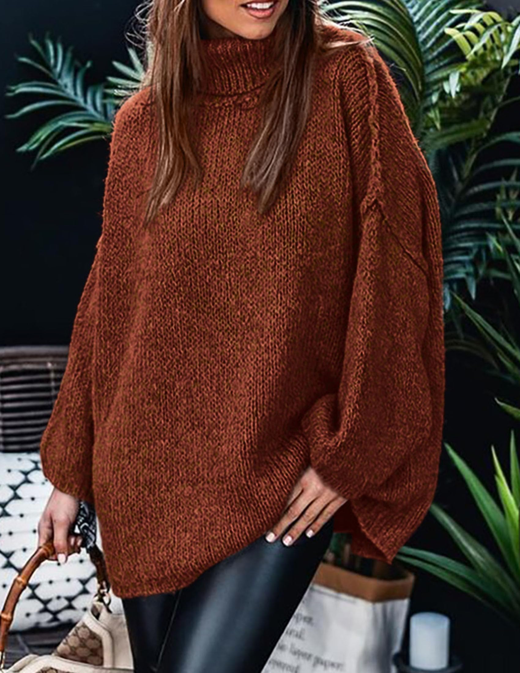 Womens Turtleneck Long Sleeve Oversized Sweaters,Brick Red,S