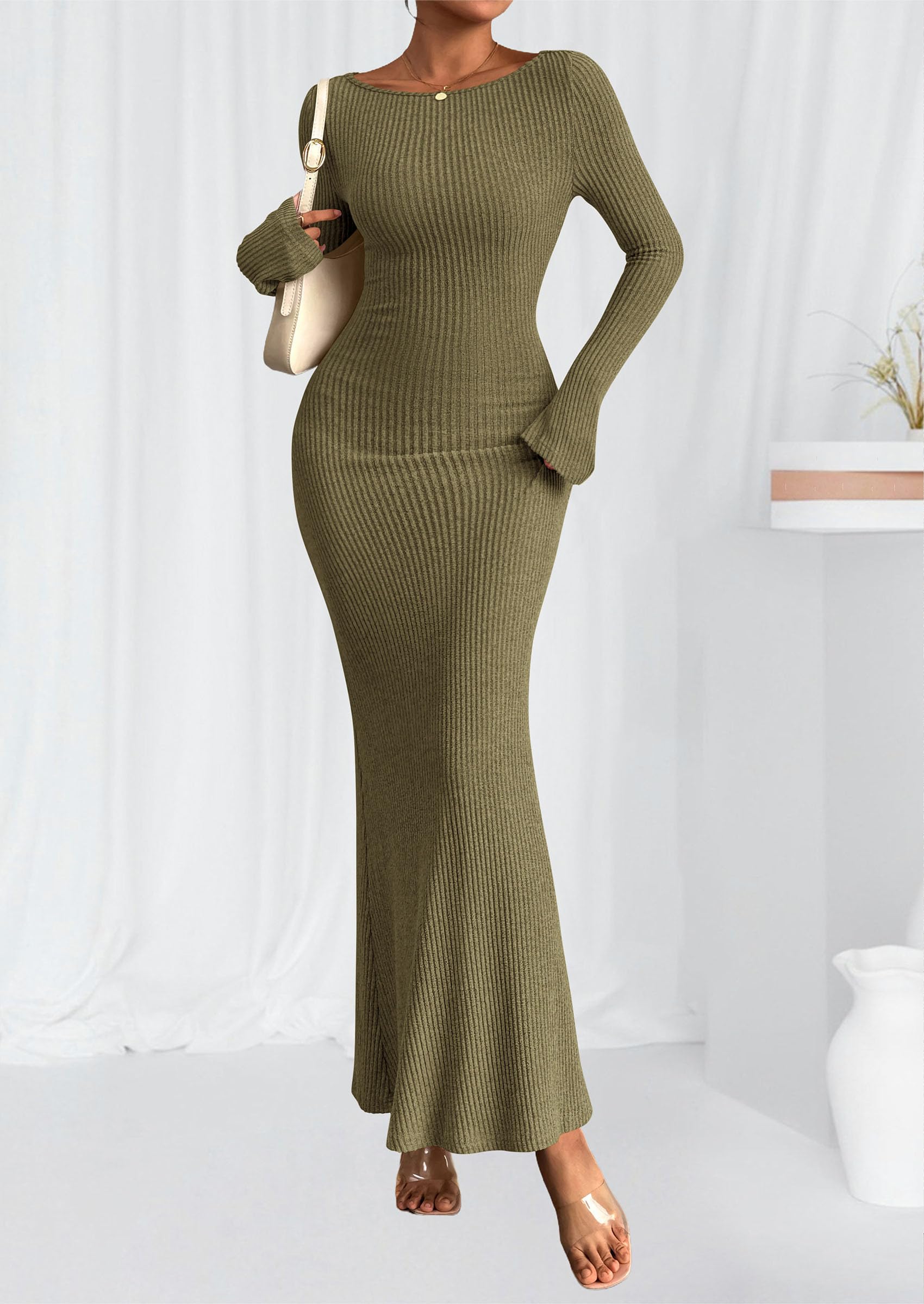 Women's Fall Long Sleeve Bodycon Maxi Dresses (Army Green,XS)