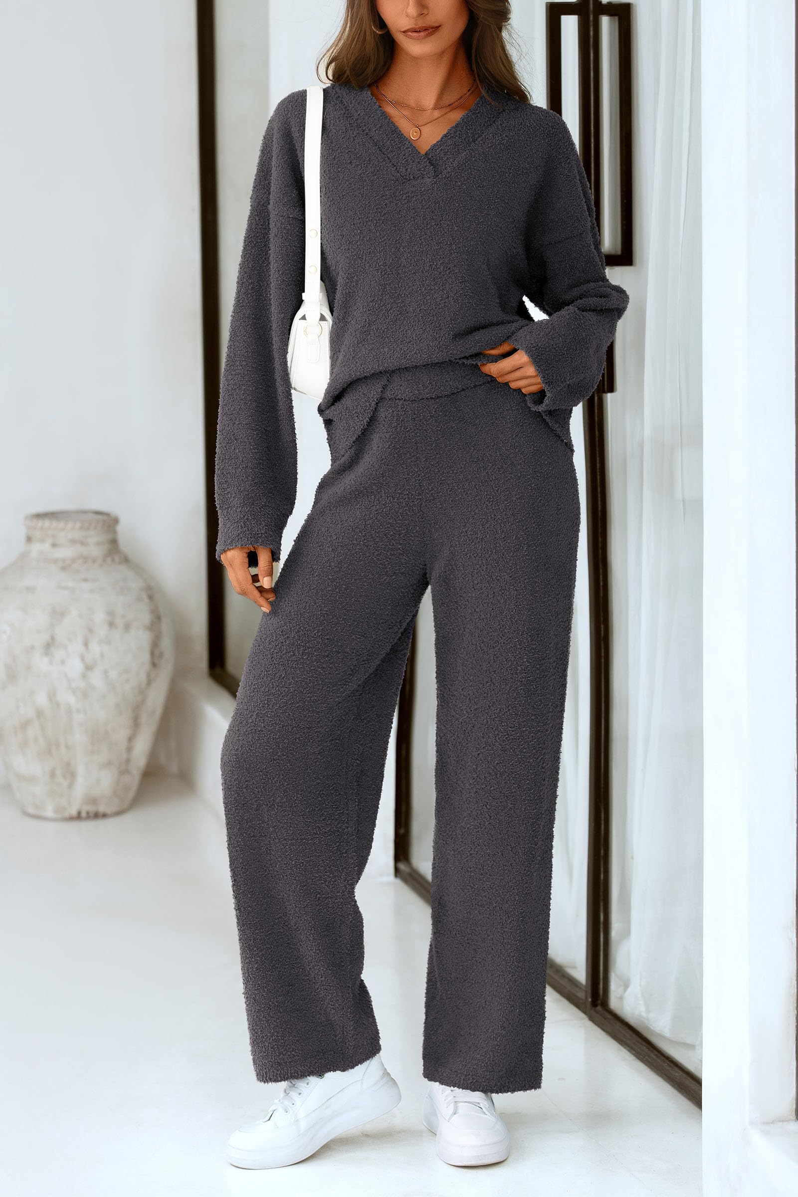 Lounge Sets for Women Fall 2 Piece Fuzzy Sweater Pajama Set