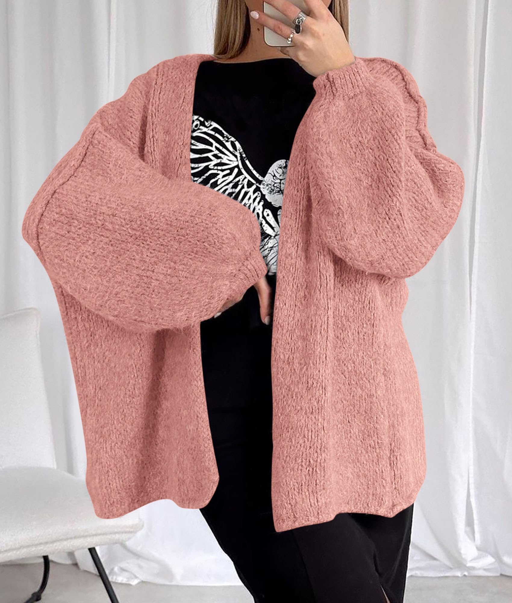 Womens Open Front Oversized Cardigan Sweaters,Light Pink,XS