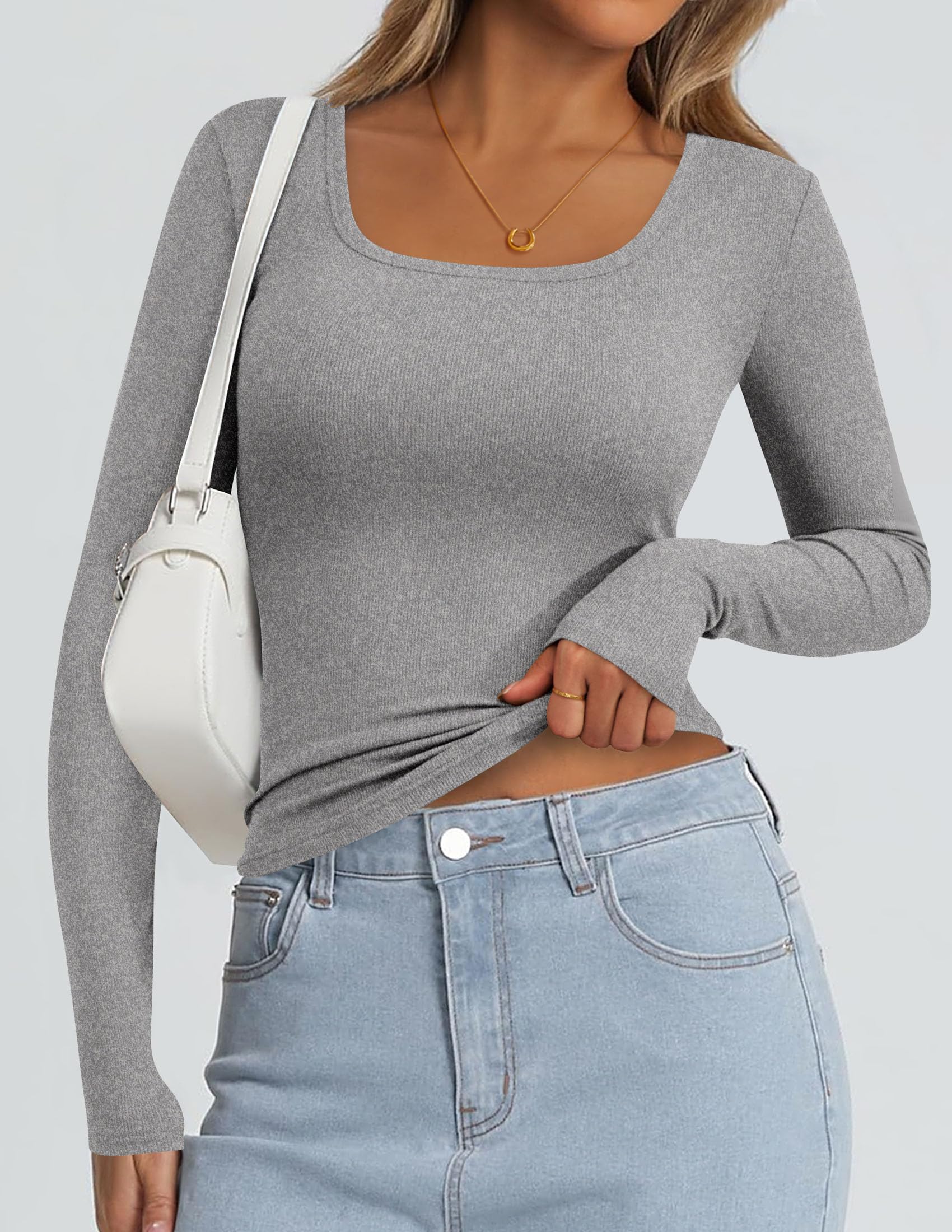 Square Neck Long Sleeve Shirts for Women Grey,XS