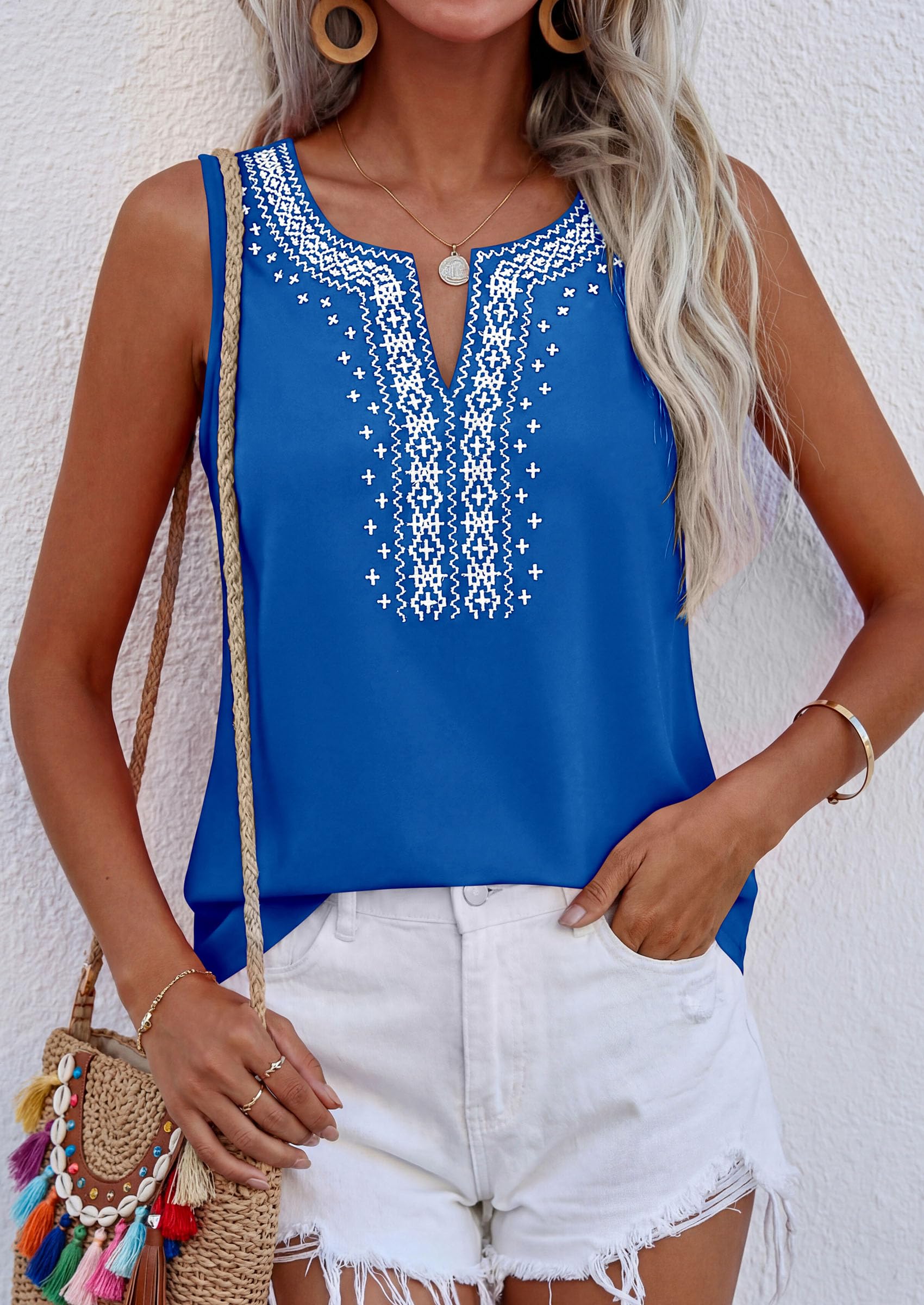 Womens Embroidered Sleeveless Tank Tops Blue,S