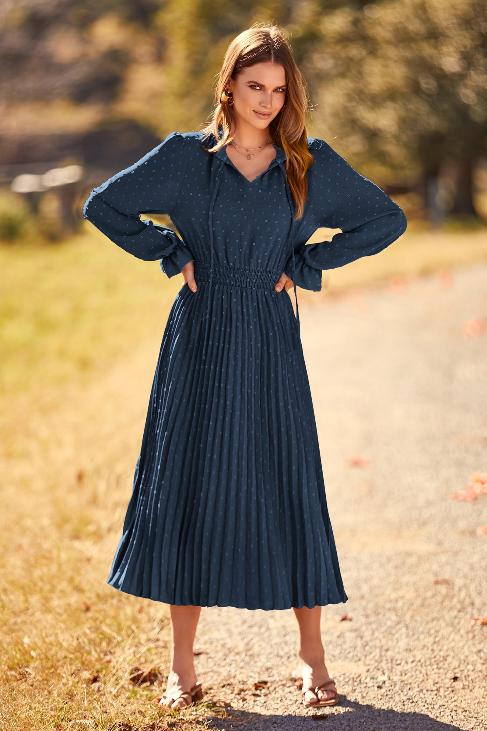 Women's Fall Midi Wedding Guest Dress(Navy,Small)