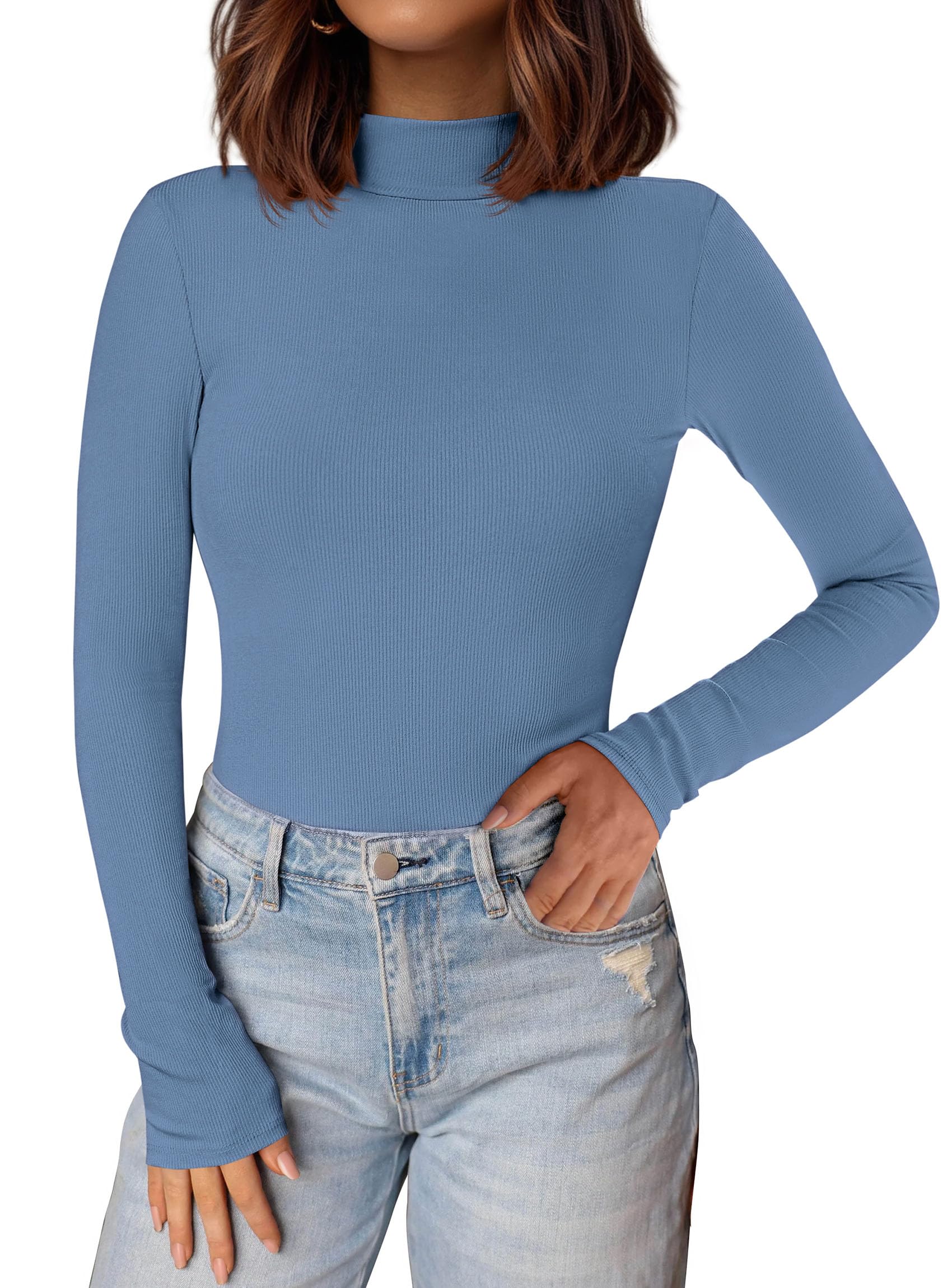 Womens Mock Turtleneck Fall Long Sleeve Shirts,Grey Blue,XS