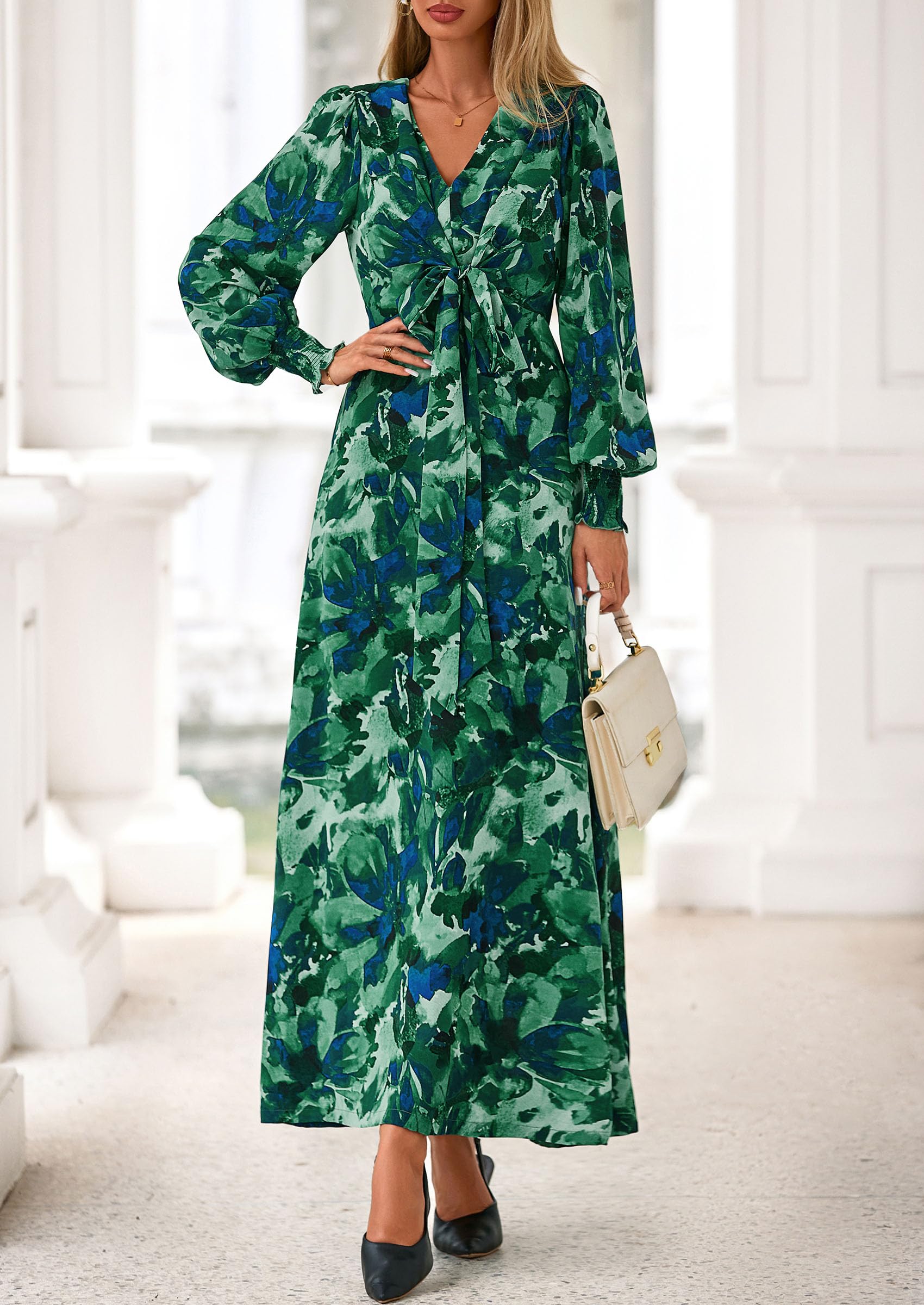 Women's Tie Waist Floral Maxi Dress,Floral Green,XL