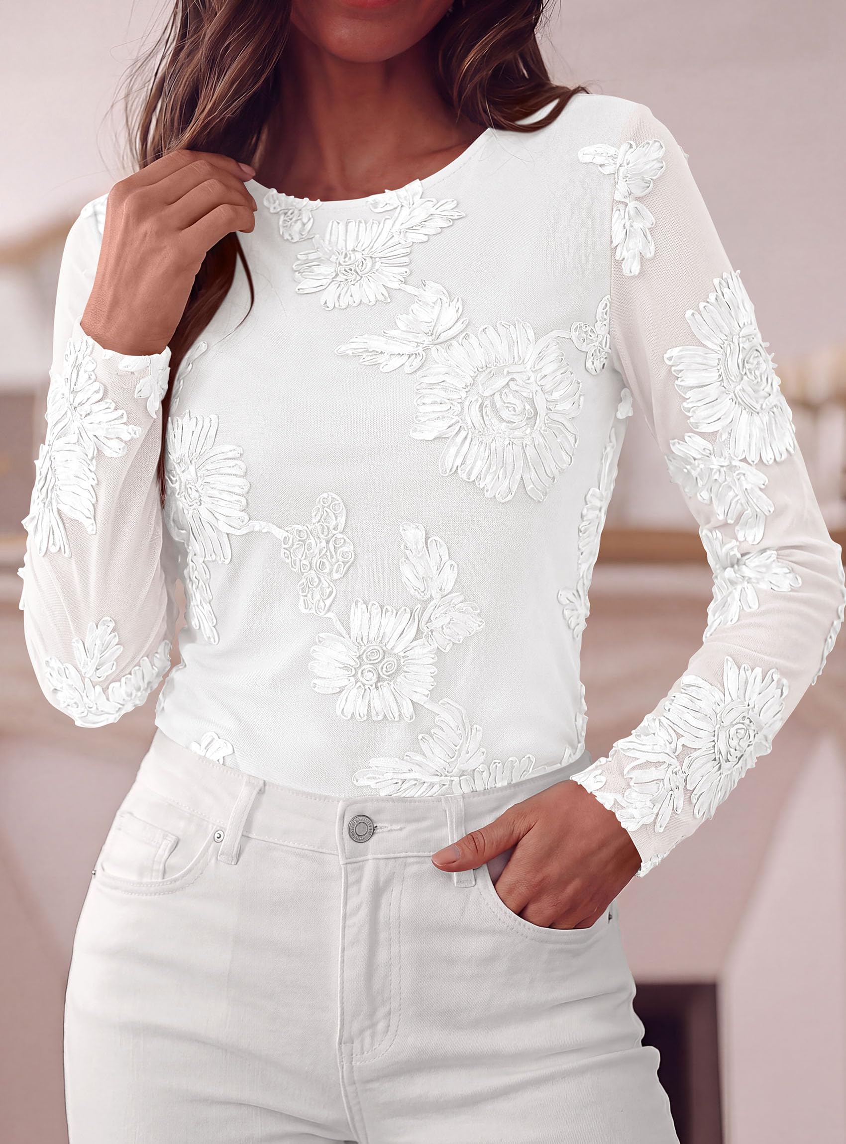 Women's Mesh Long Sleeve Embroidered Floral Tops Fall Blouses