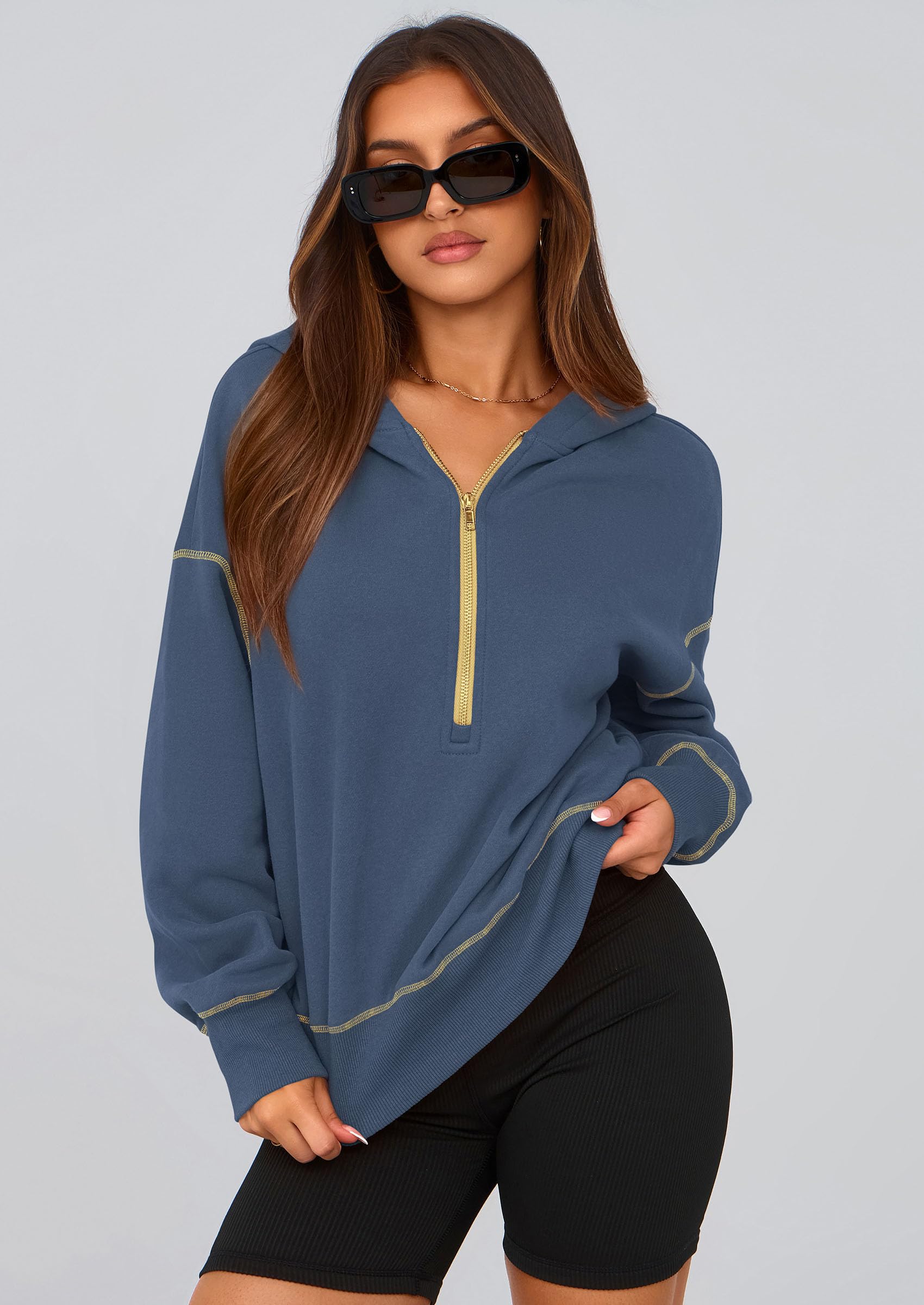 Women's Fall Half Zip Cropped Hoodie Sweatshirt Grey Blue