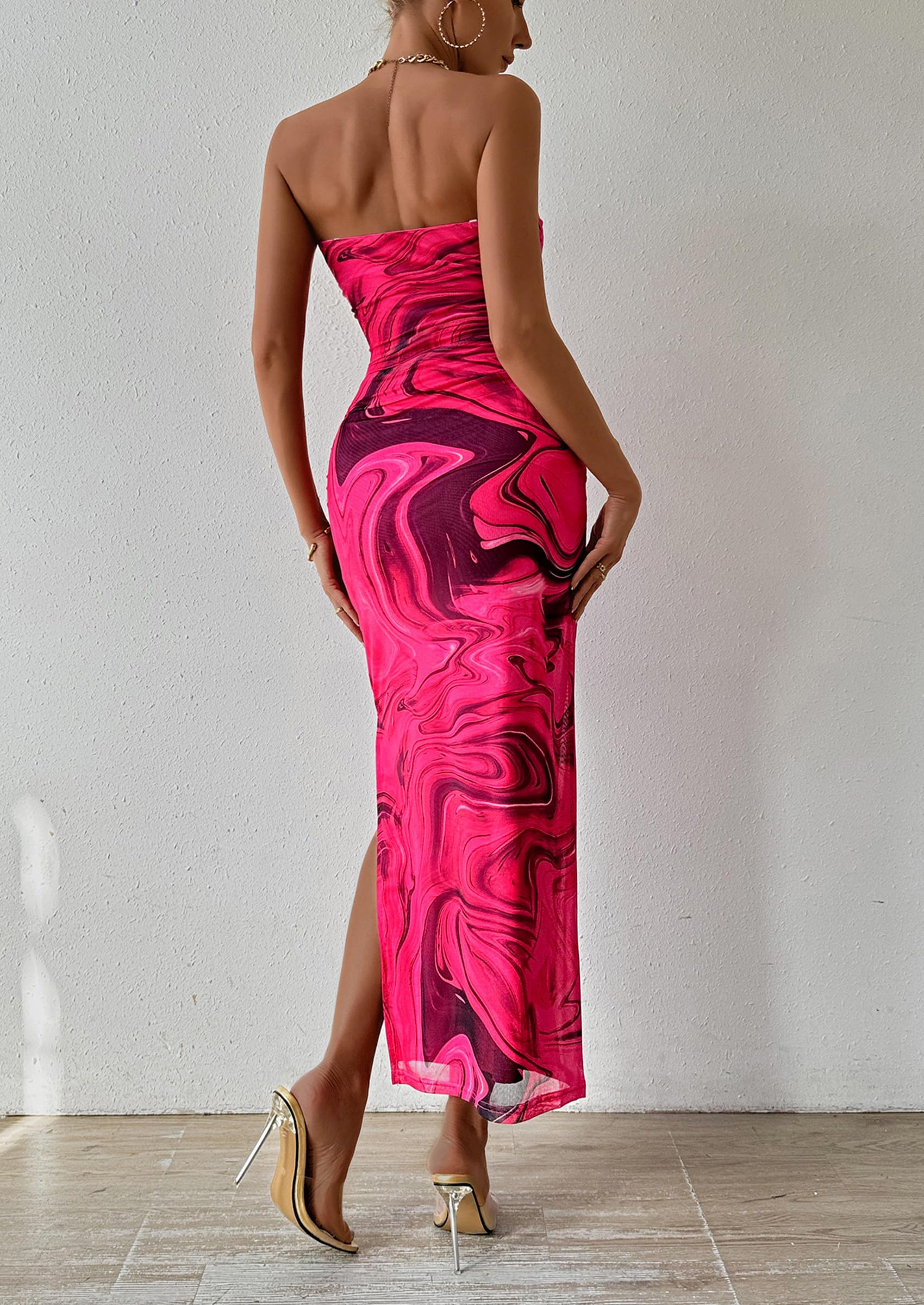 Women's Strapless Bodycon Floral Maxi Dress, Print Rose Red,S