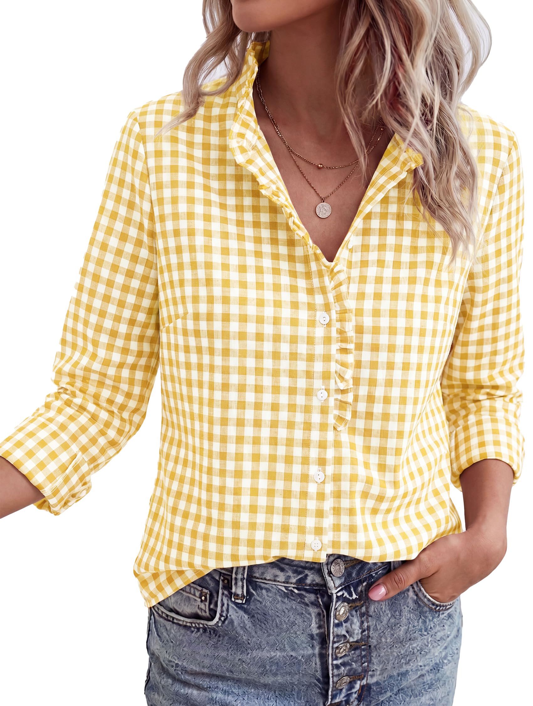Womens Long Sleeve Button Down Shirts,Yellow White,S