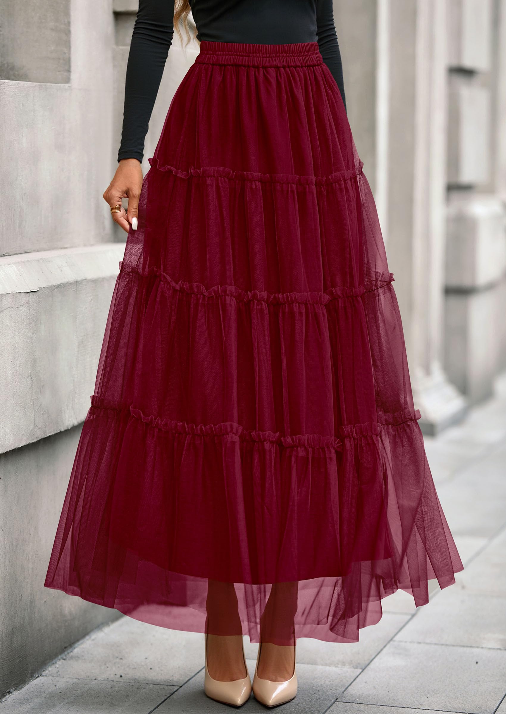 Women's Fall Soft Tulle Tiered Long Skirt,Burgundy,S
