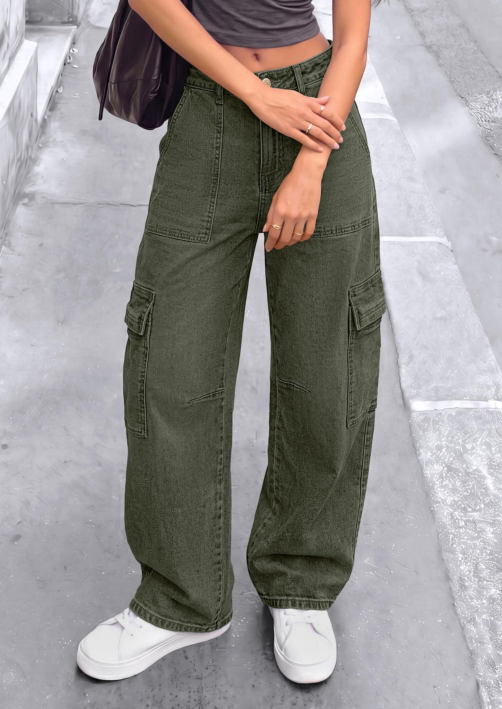 Barrel Pants Women Wide Leg Baggy Denim Jeans Army Green,4
