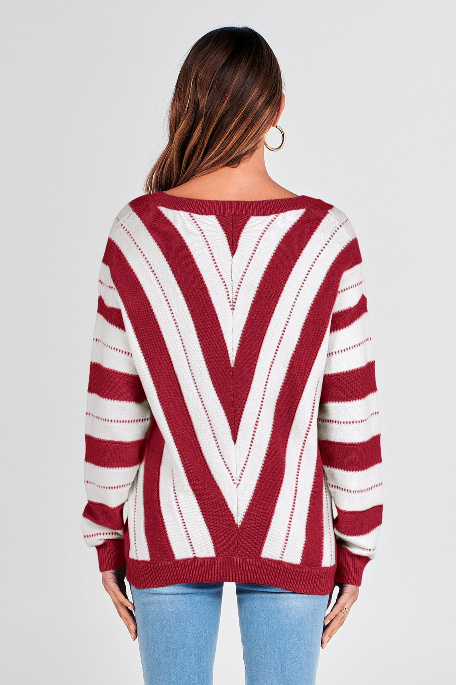 Women's V Neck Striped Knit Pullover Sweater
