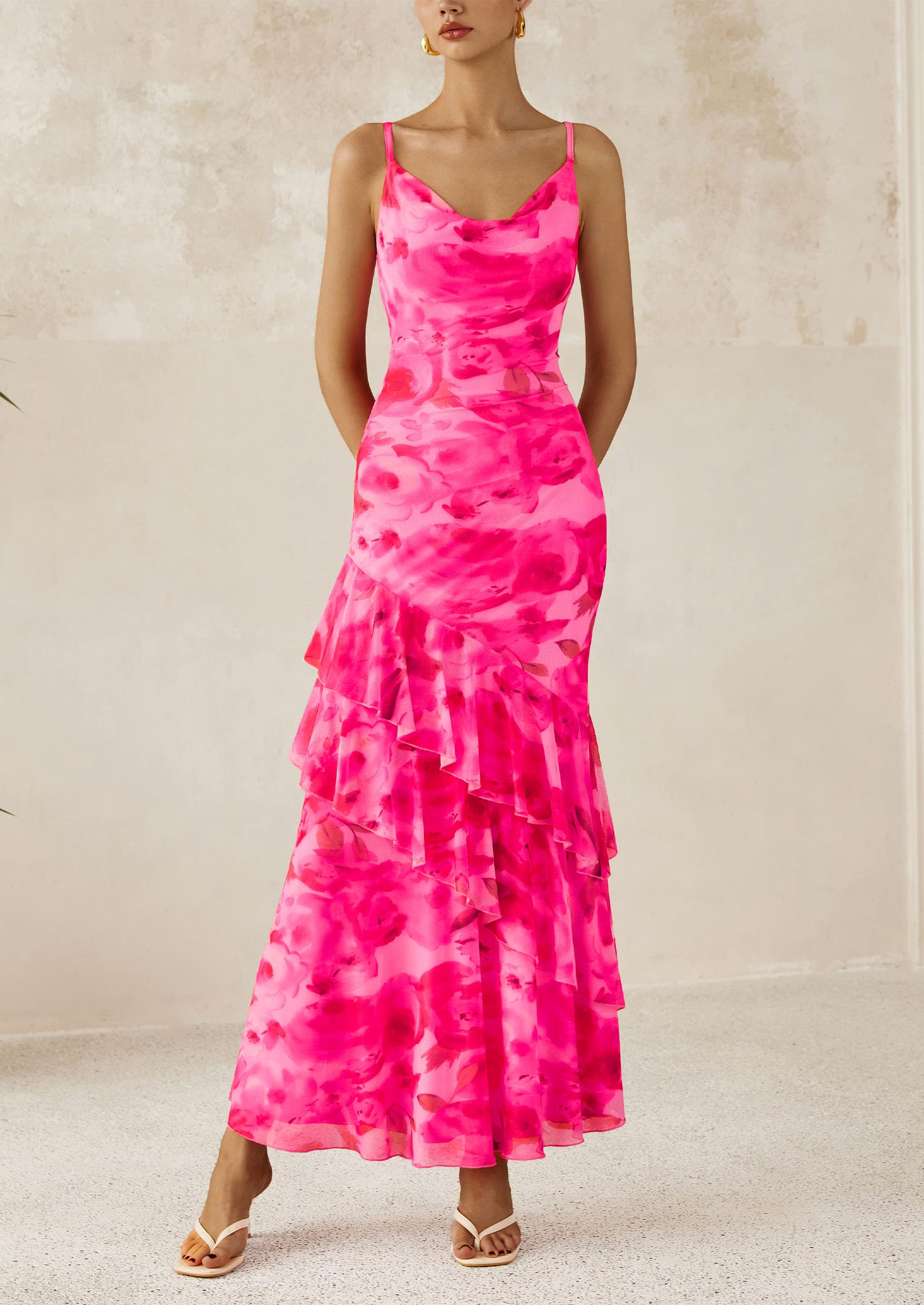 Women's Boho Floral Tiered Maxi Dress, Print Pink,M