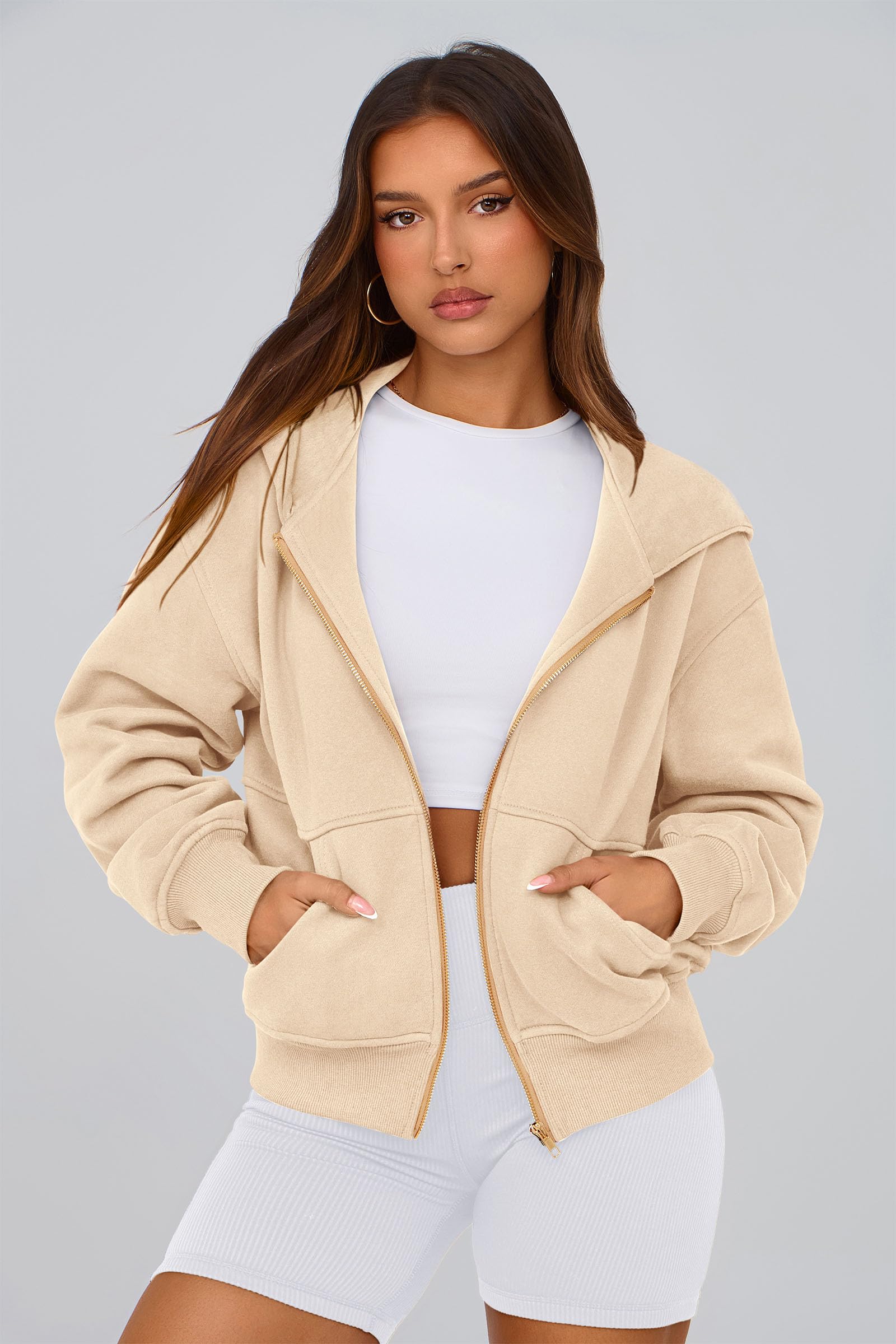 Hoodies for Women Fall Fashion Zip Up Fleece Plain Sweatshirt