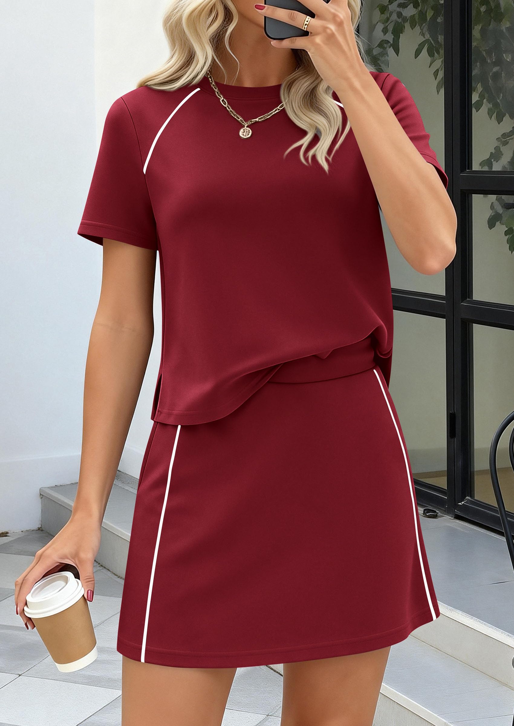 Women's 2 Piece Skirt Sets Matching Clothing (Burgundy,S)