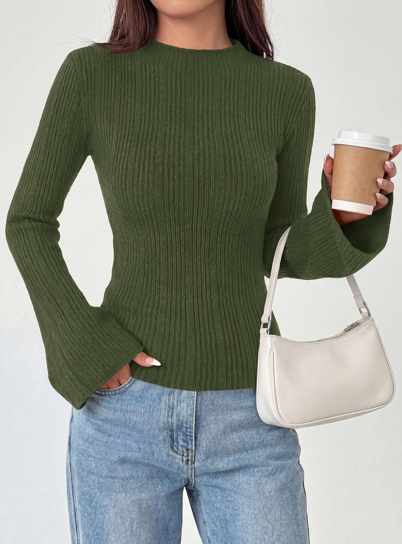 Womens Bell Long Sleeve Tops Mock Neck Sweaters,Army Green,S