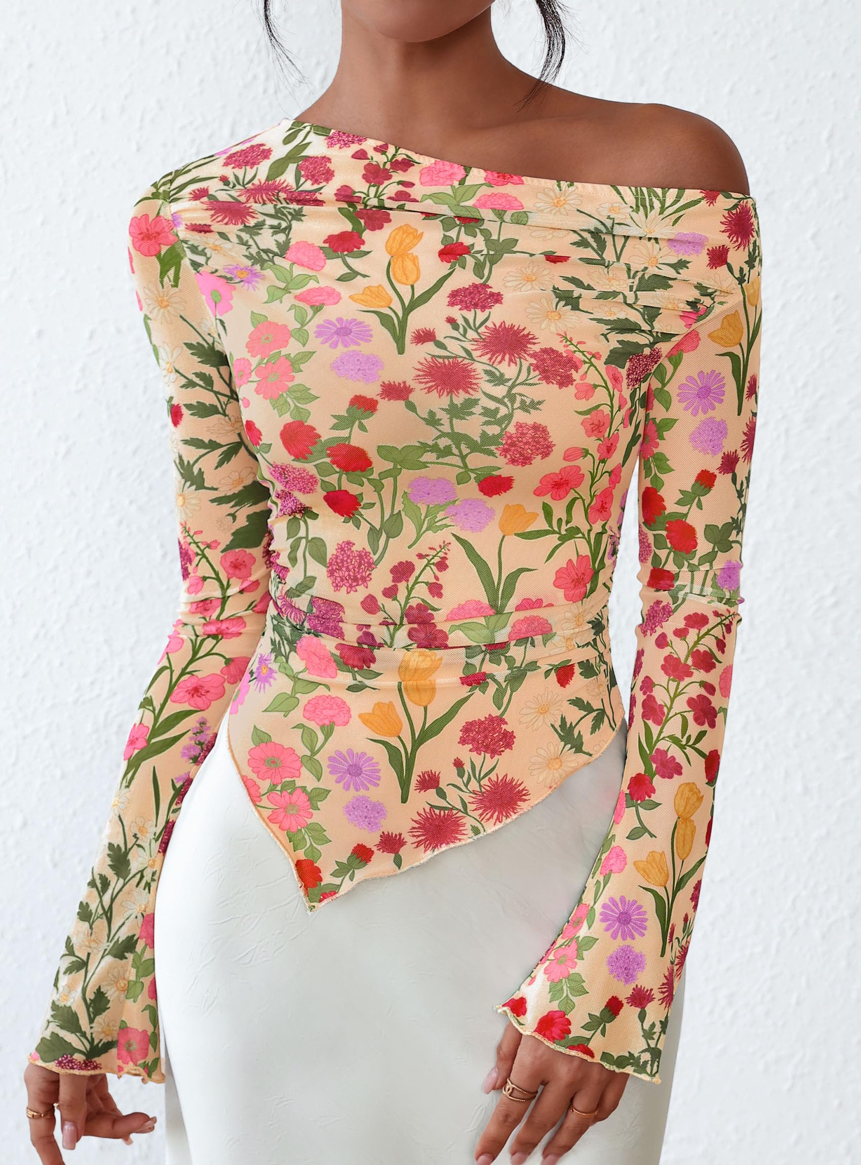 Womens Off Shoulder Mesh Y2k Tops,Floral Apricot Multi,XS