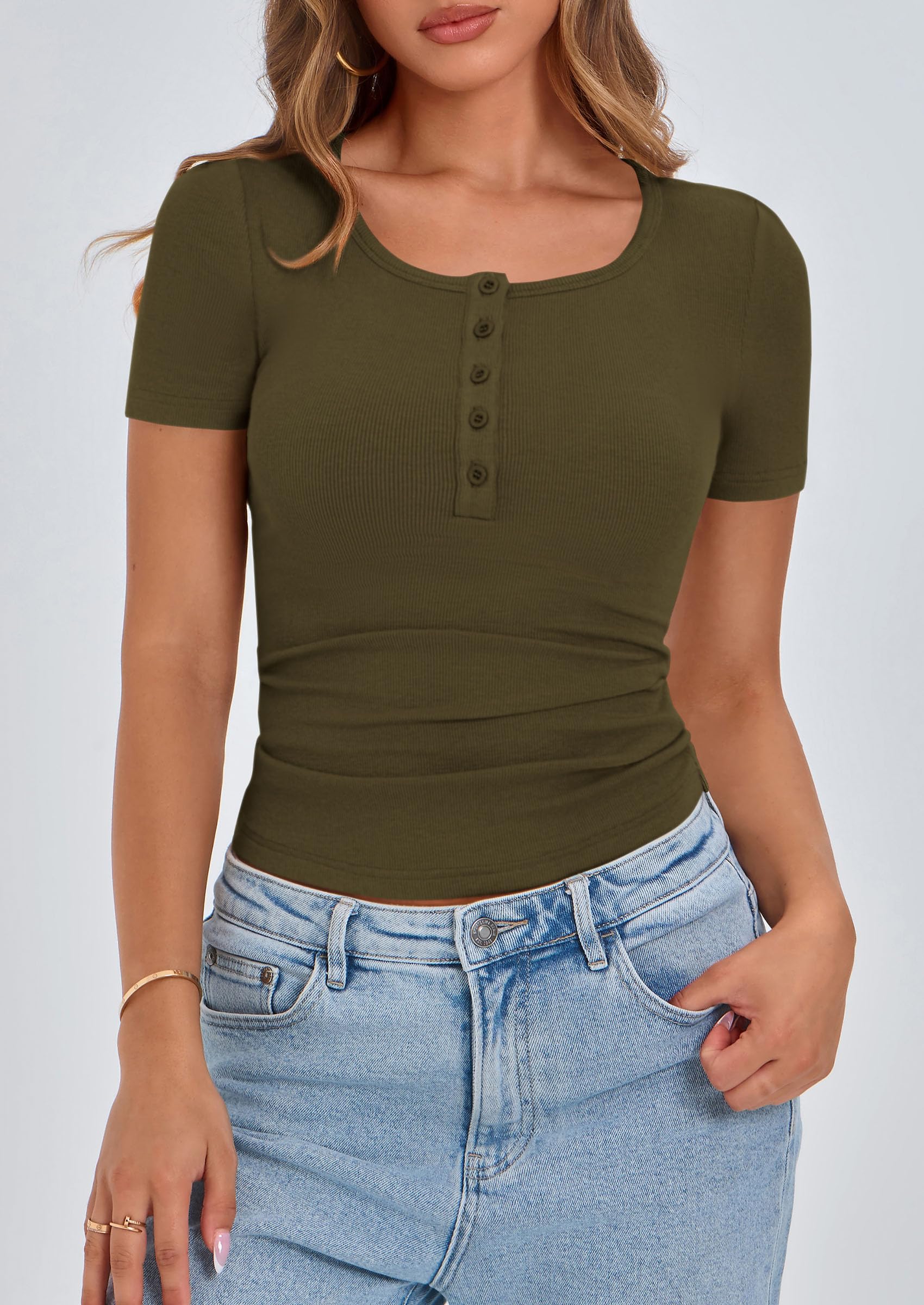 Women's Summer Tops Henley Tee Shirts (Army Green,X-Small)