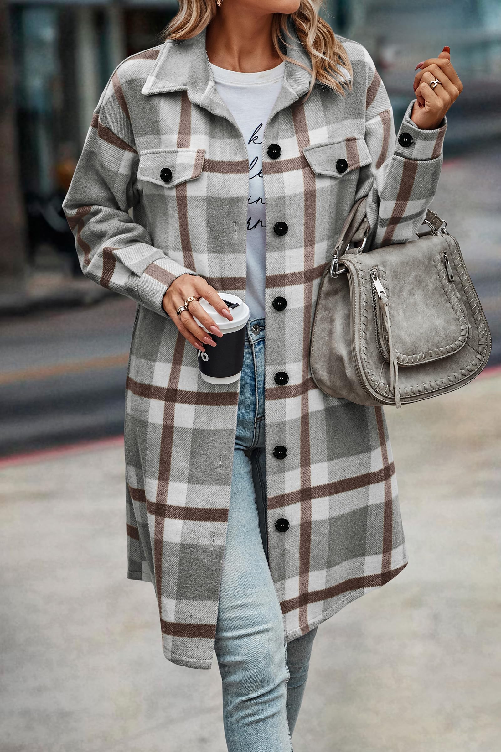 Womens Plaid Shacket Jacket Flannel Shirts,Plaid Grey,S