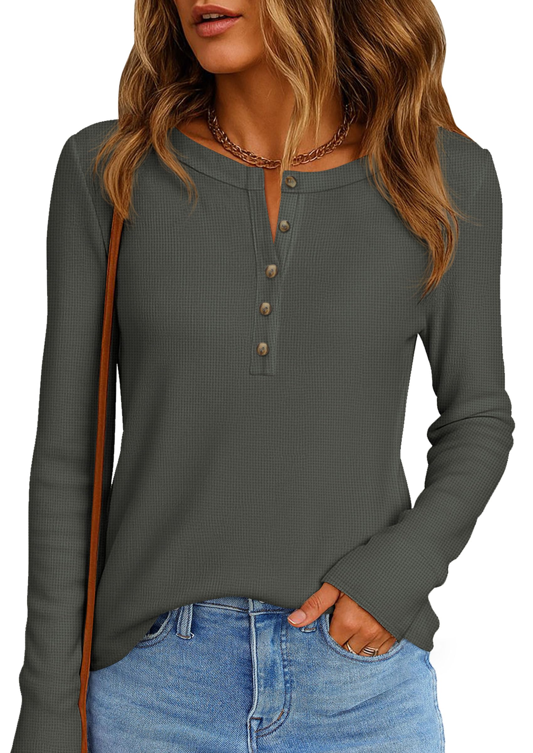 Women's Long Sleeve Waffle Knit Henley Shirts Loose Tunic Tops