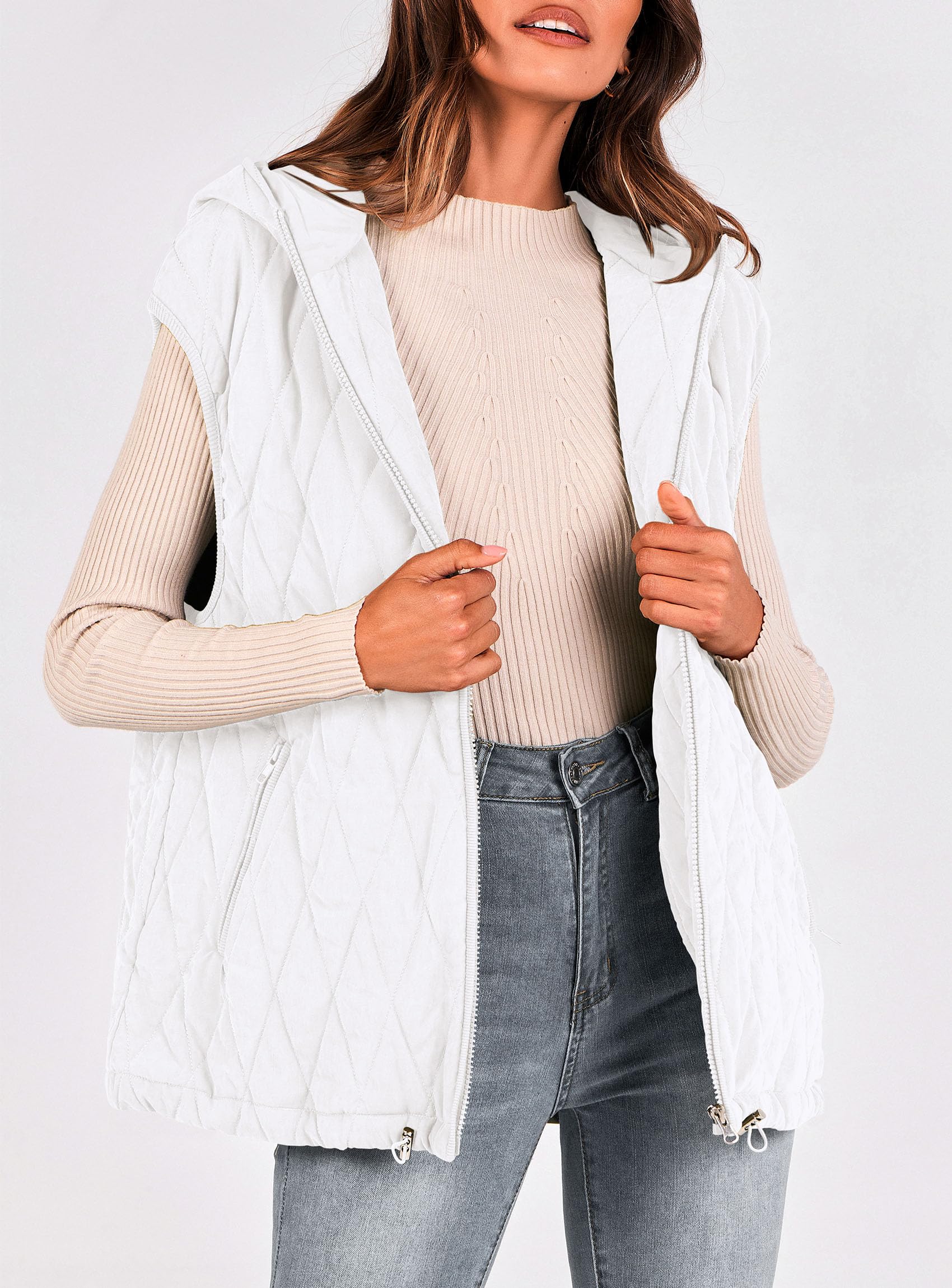 Women's Fall Fashion Vest Zip Up Jacket(White,Small)