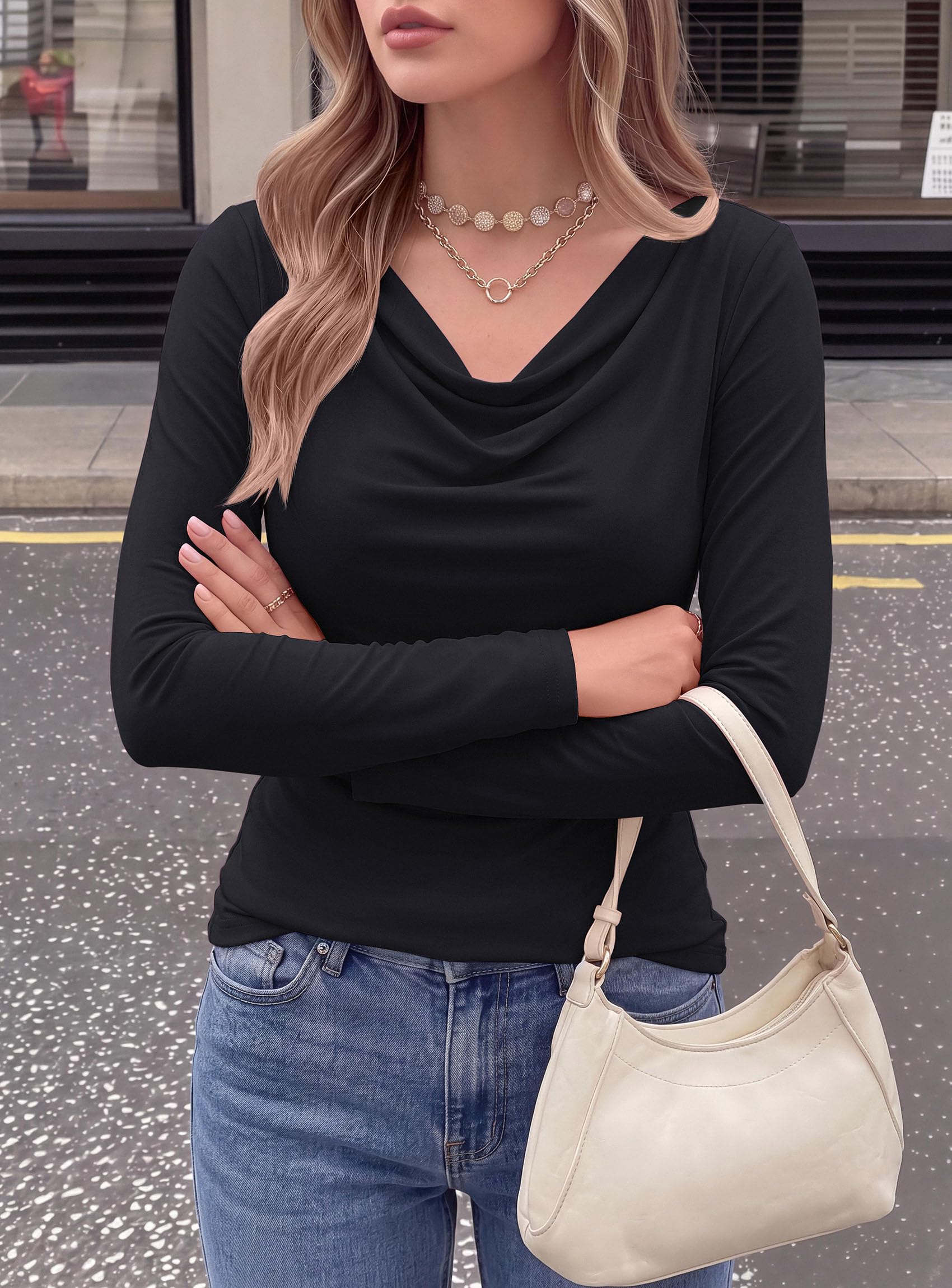 Cowl Neck Tops for Women Fashion Long Sleeve Shirt Black