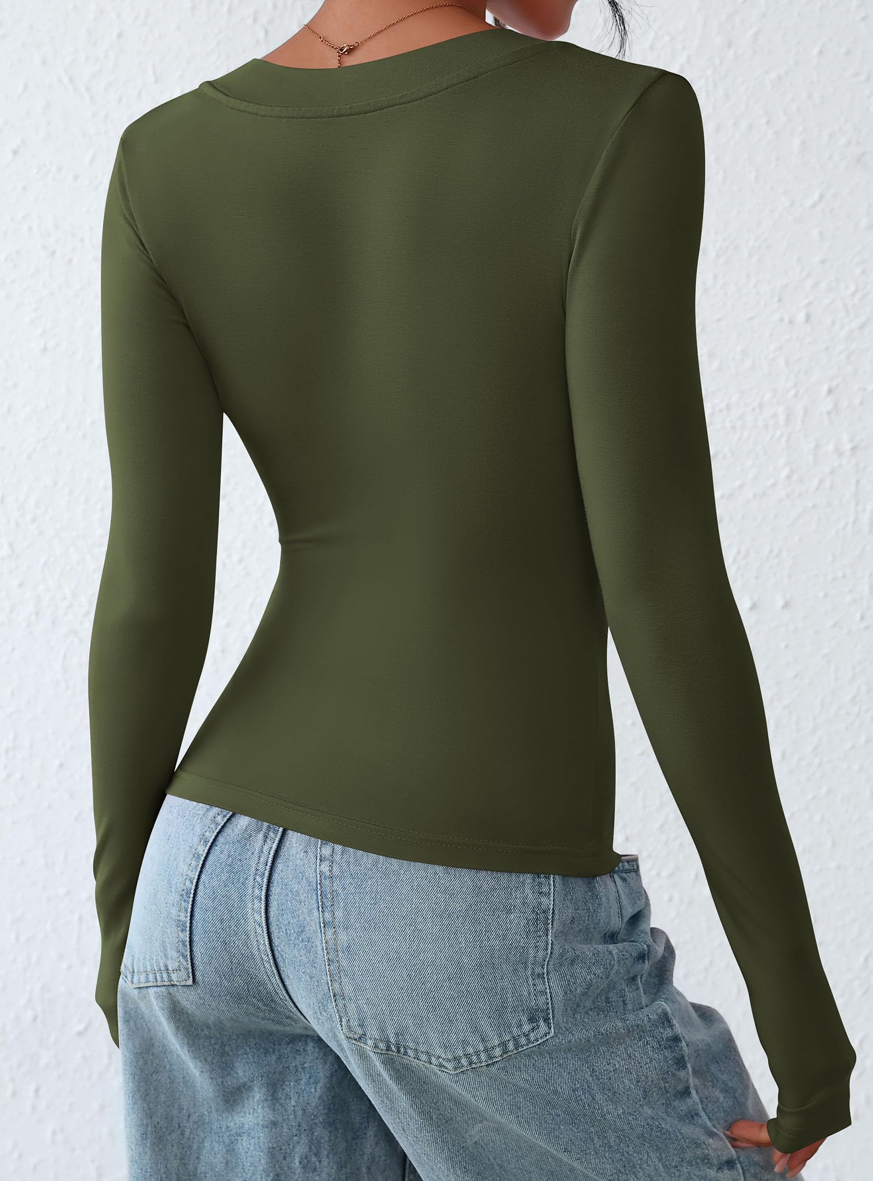 Women's V Neck Long Sleeve Shirts,Army Green,X-S