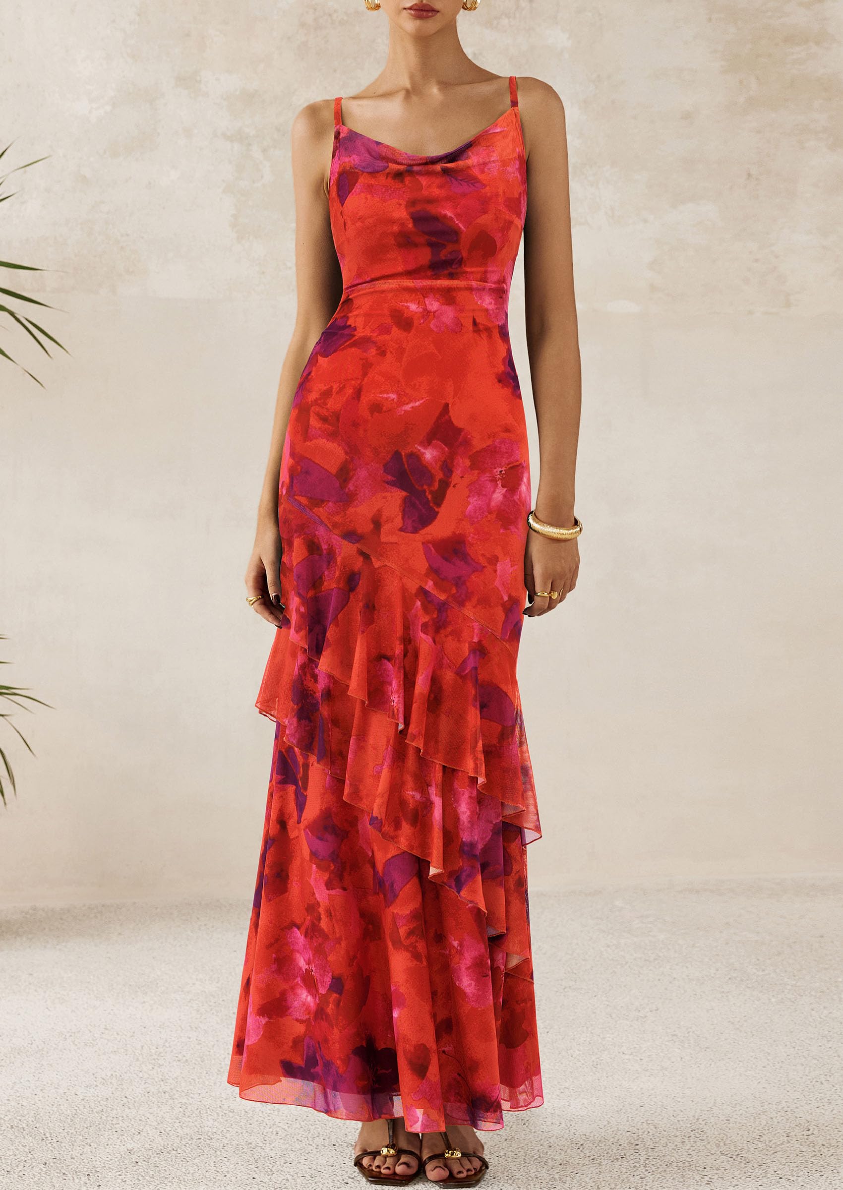 Women's Boho Floral Tiered Maxi Dress, Floral Rust Red,XS