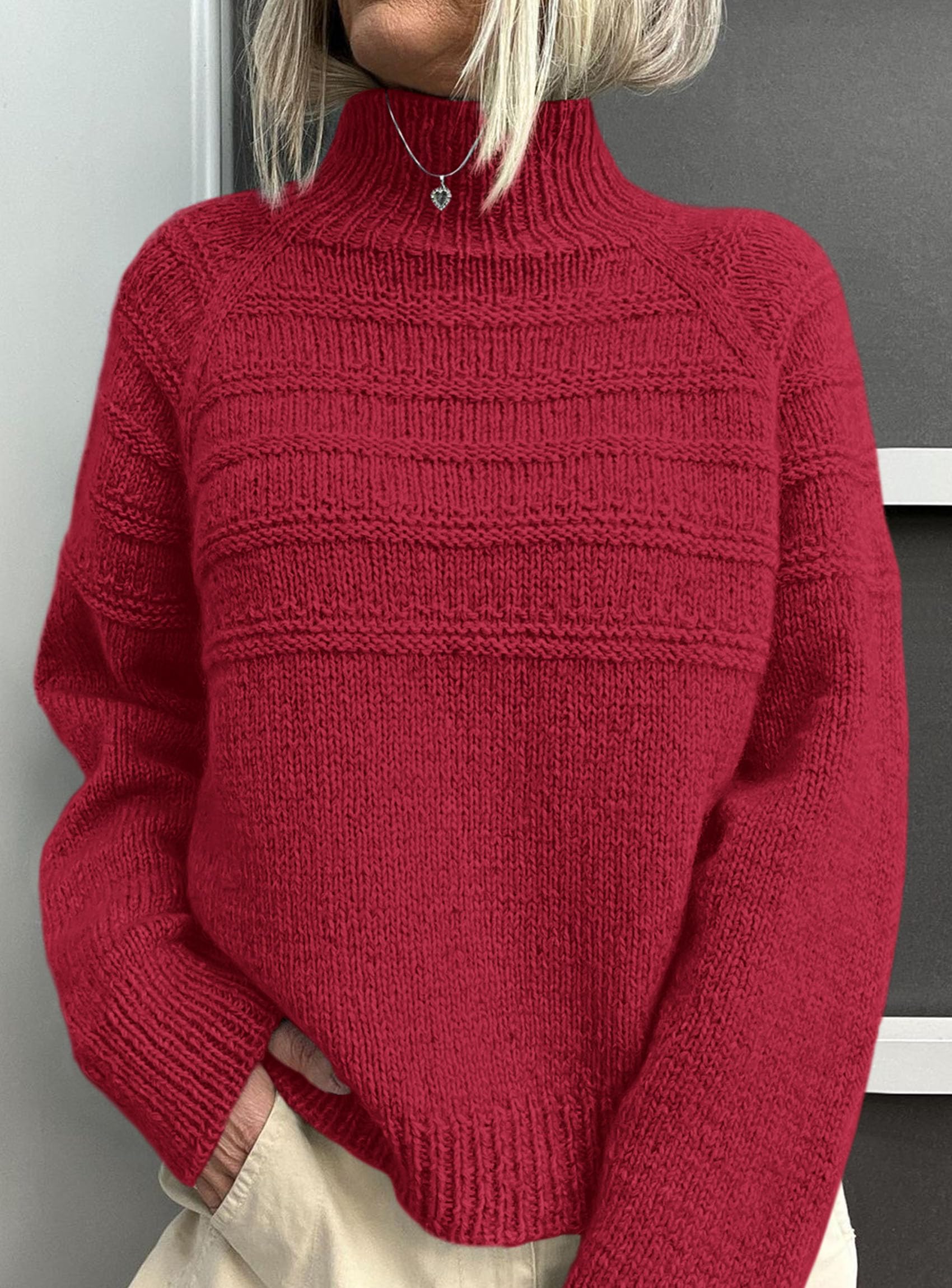 Women's Chunky Knit Mock Neck Pullover Sweaters,Red,S