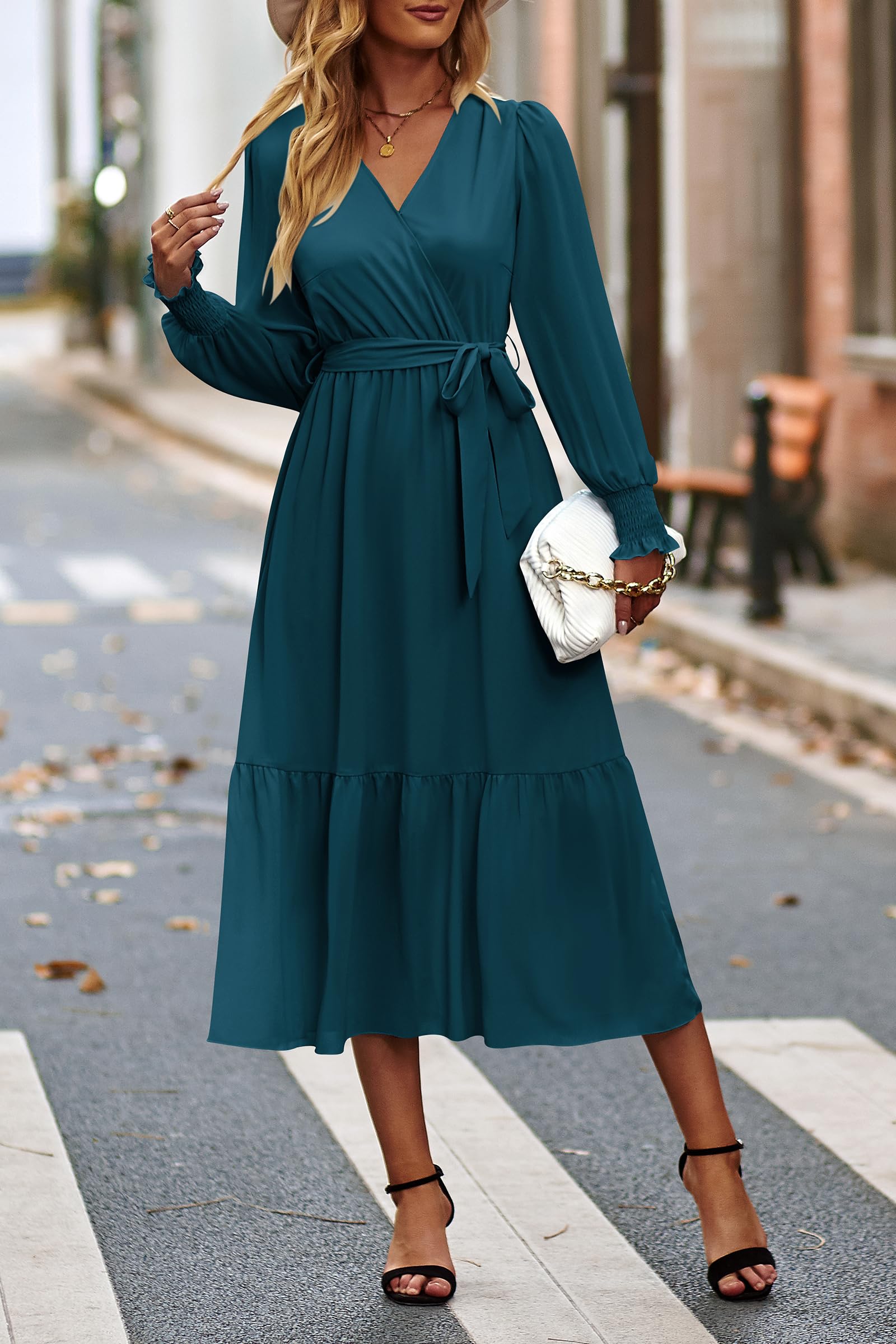 Women's Boho Long Sleeve Maxi Dress, Solid Lake Blue,S