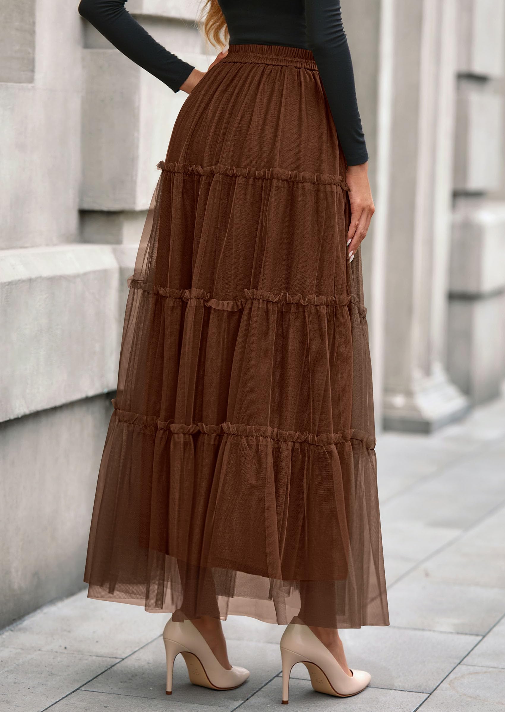 Women's Fall Soft Tulle Tiered Long Skirt,Brown,S