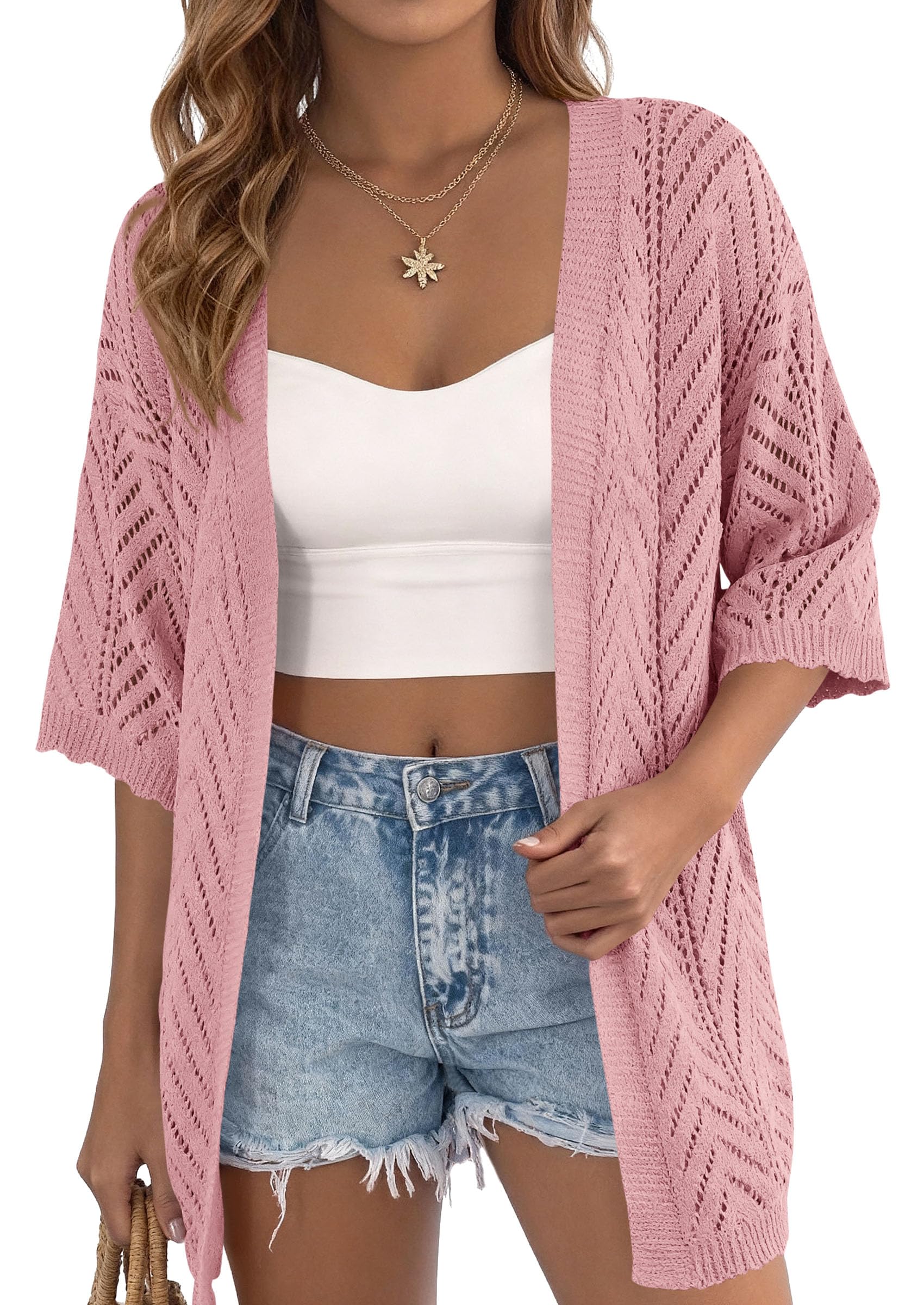Women Lightweight Summer Short Sleeve Cardigan, Pink,S