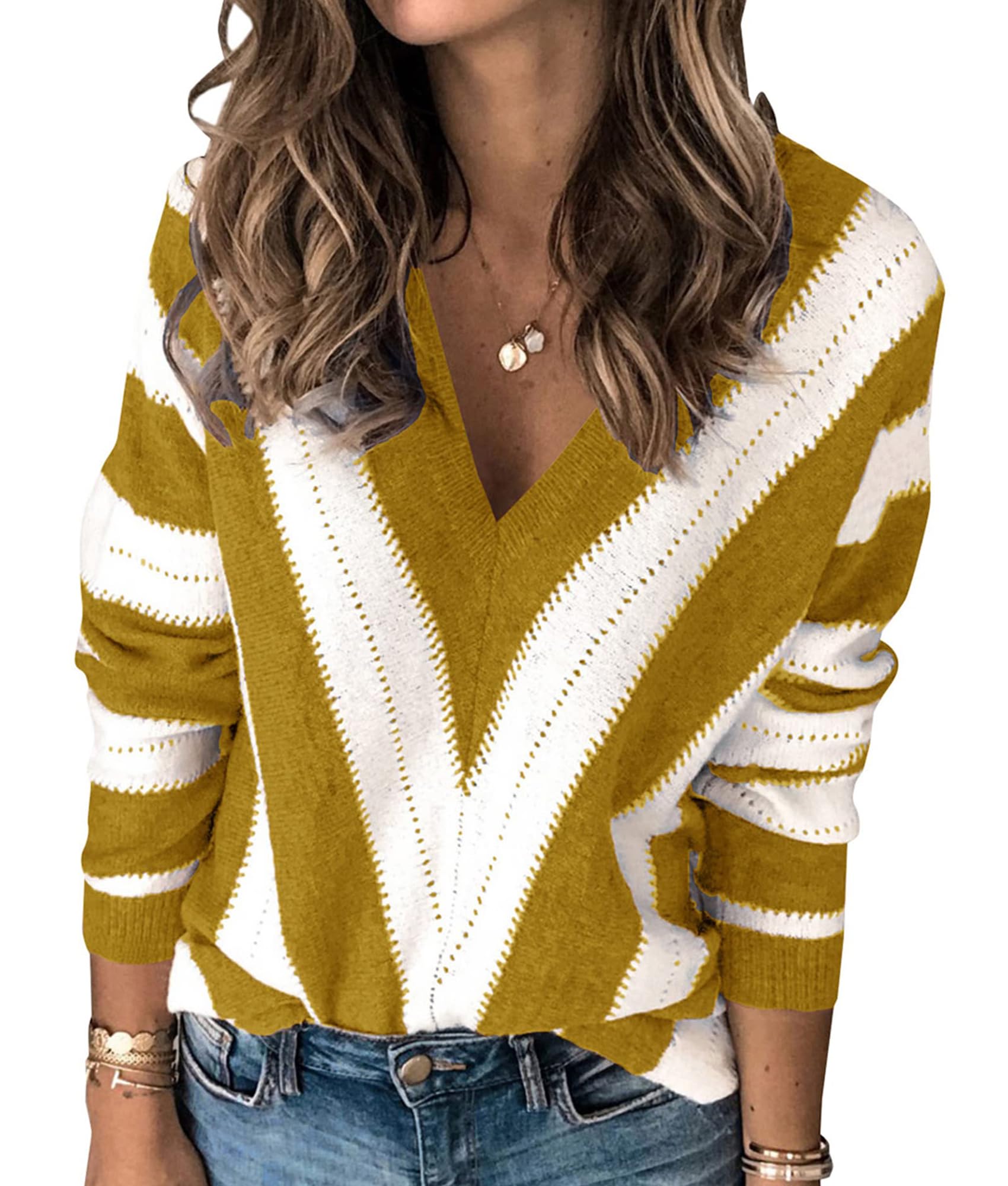 Women's V Neck Striped Knit Pullover Sweater