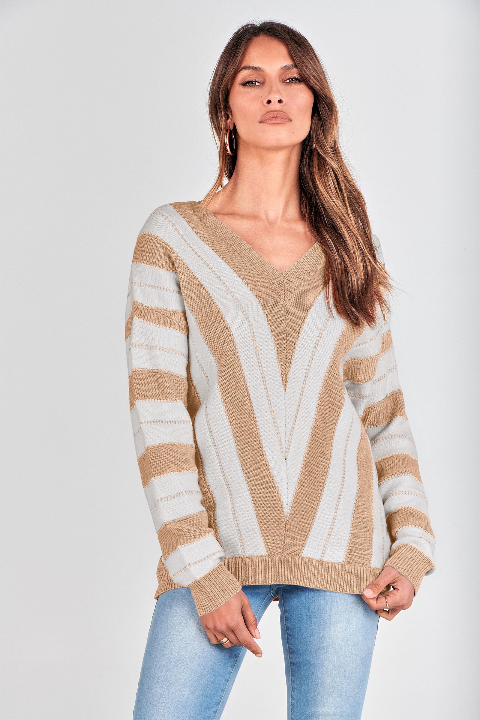 Women's V Neck Striped Knit Pullover Sweater