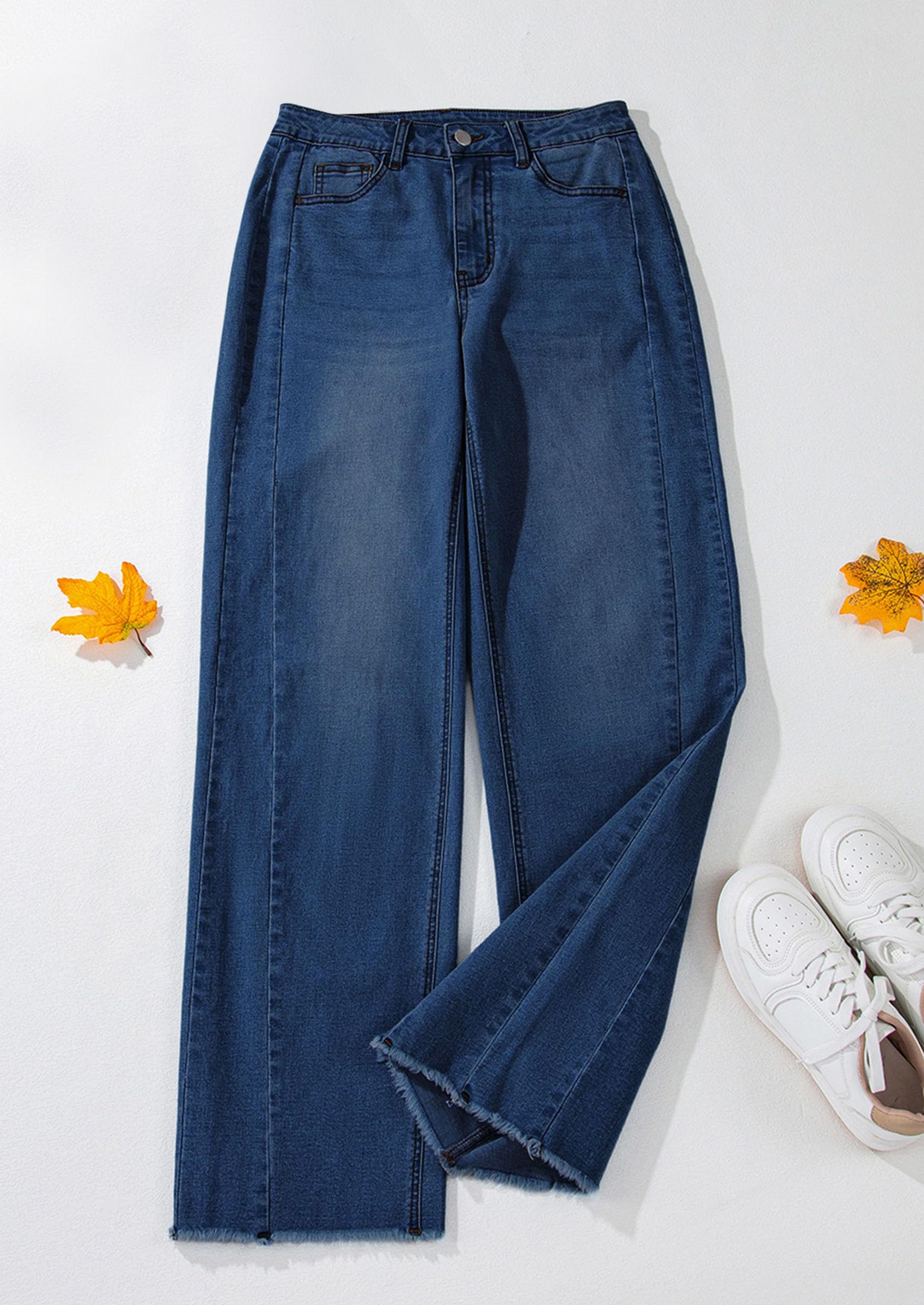 Women's Wide Leg Jeans Raw Hem Denim Pants,Bluing,6