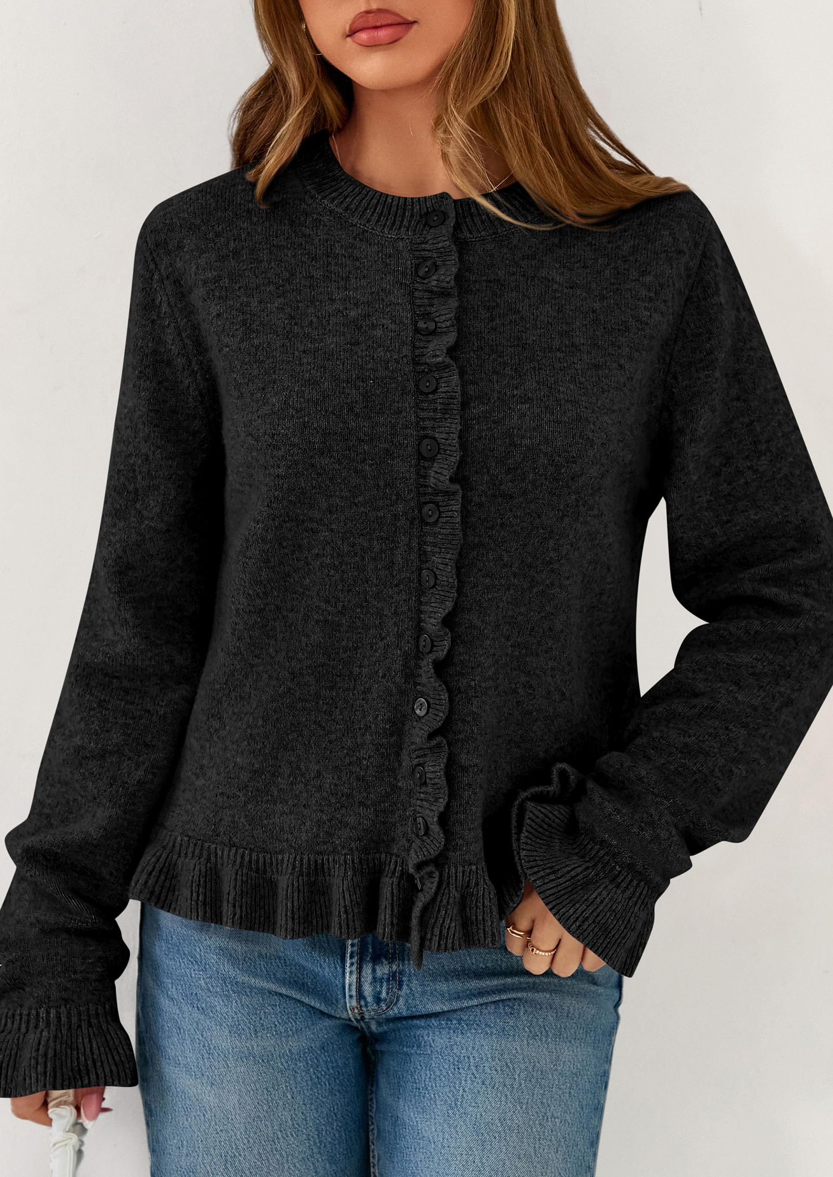 Womens Ruffle Button Down Cardigan Sweaters,Black,S