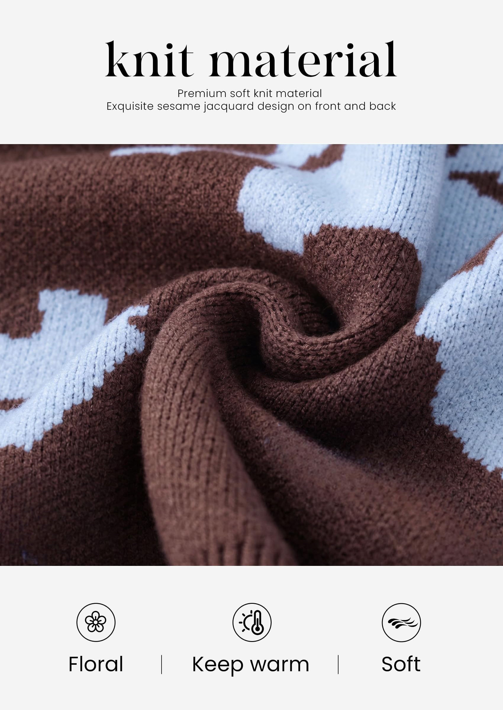Womens Floral Sweater Crewneck Printed Pullover Tops Brown