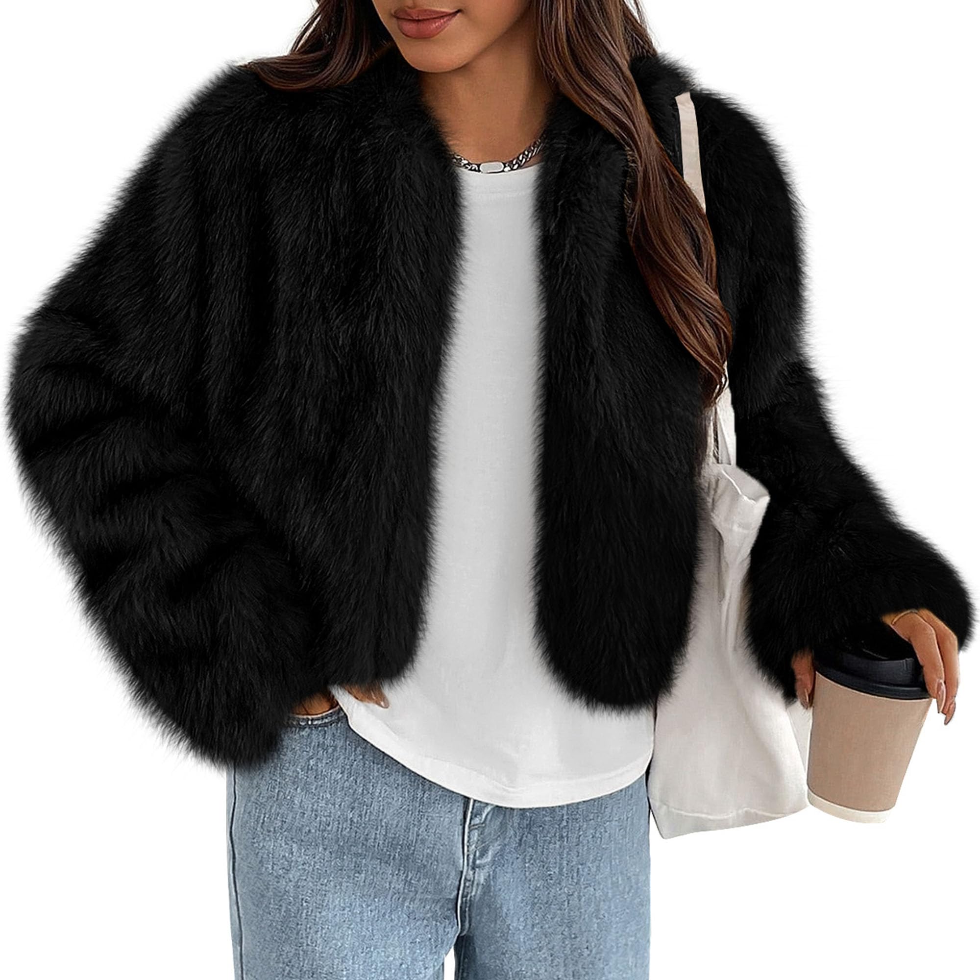 Womens Winter Coats Open Front Faux Fur Jacket,Black,XXL