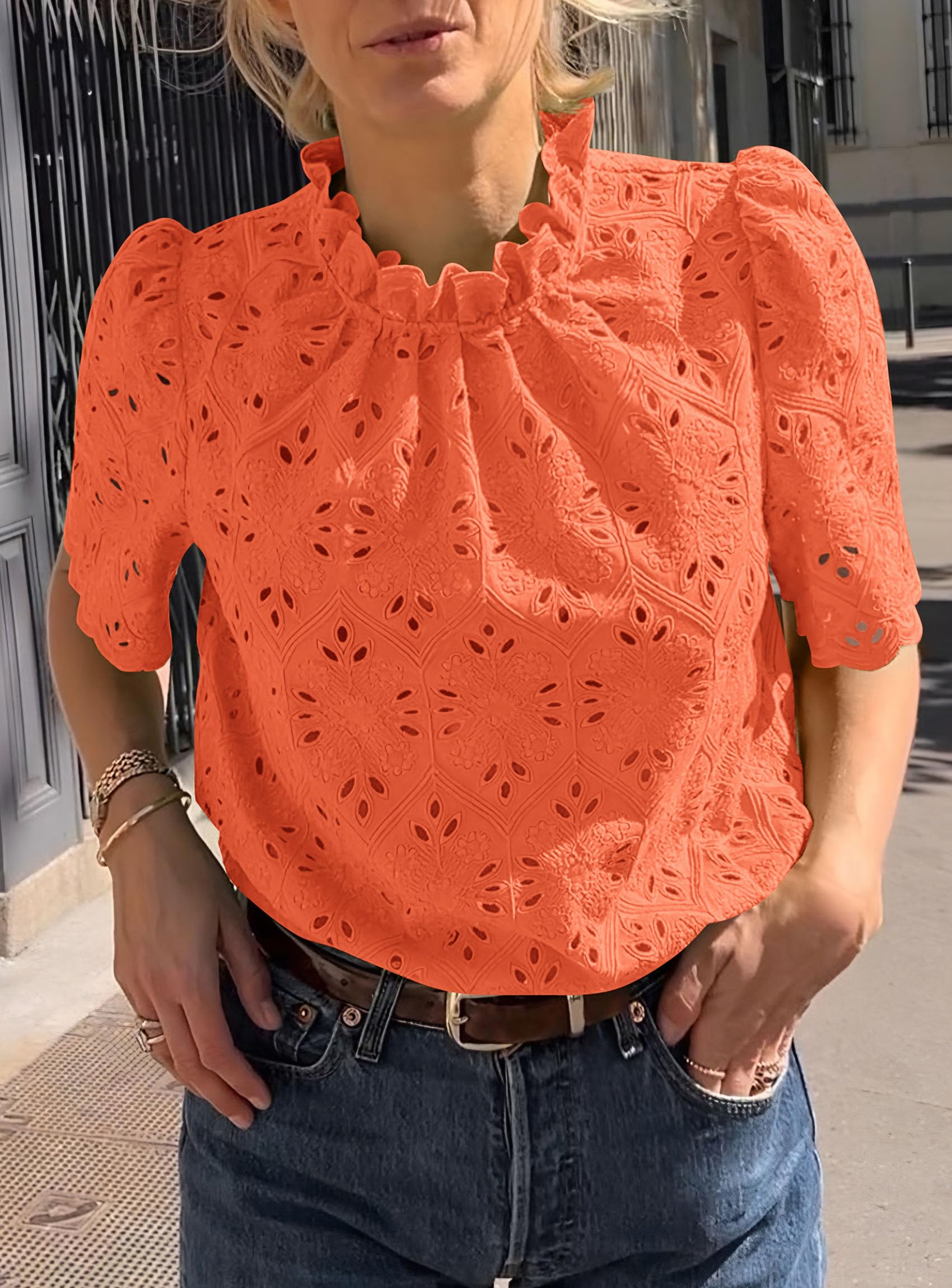 Women Summer Tops Eyelet Embroidered Shirts,Orange,XS
