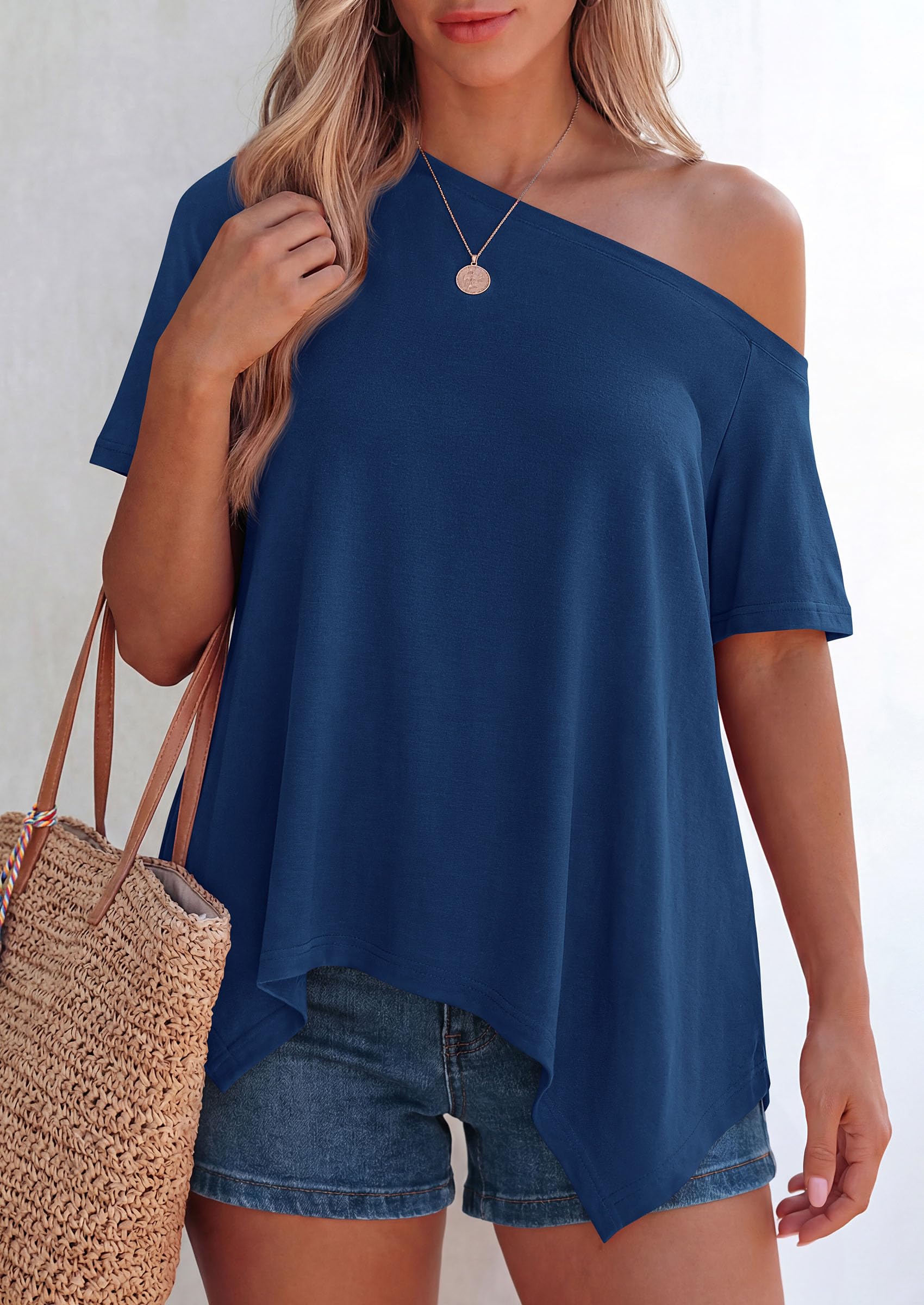 Off Shoulder Tops for Women Oversized Tshirts, Dusty Blue,S