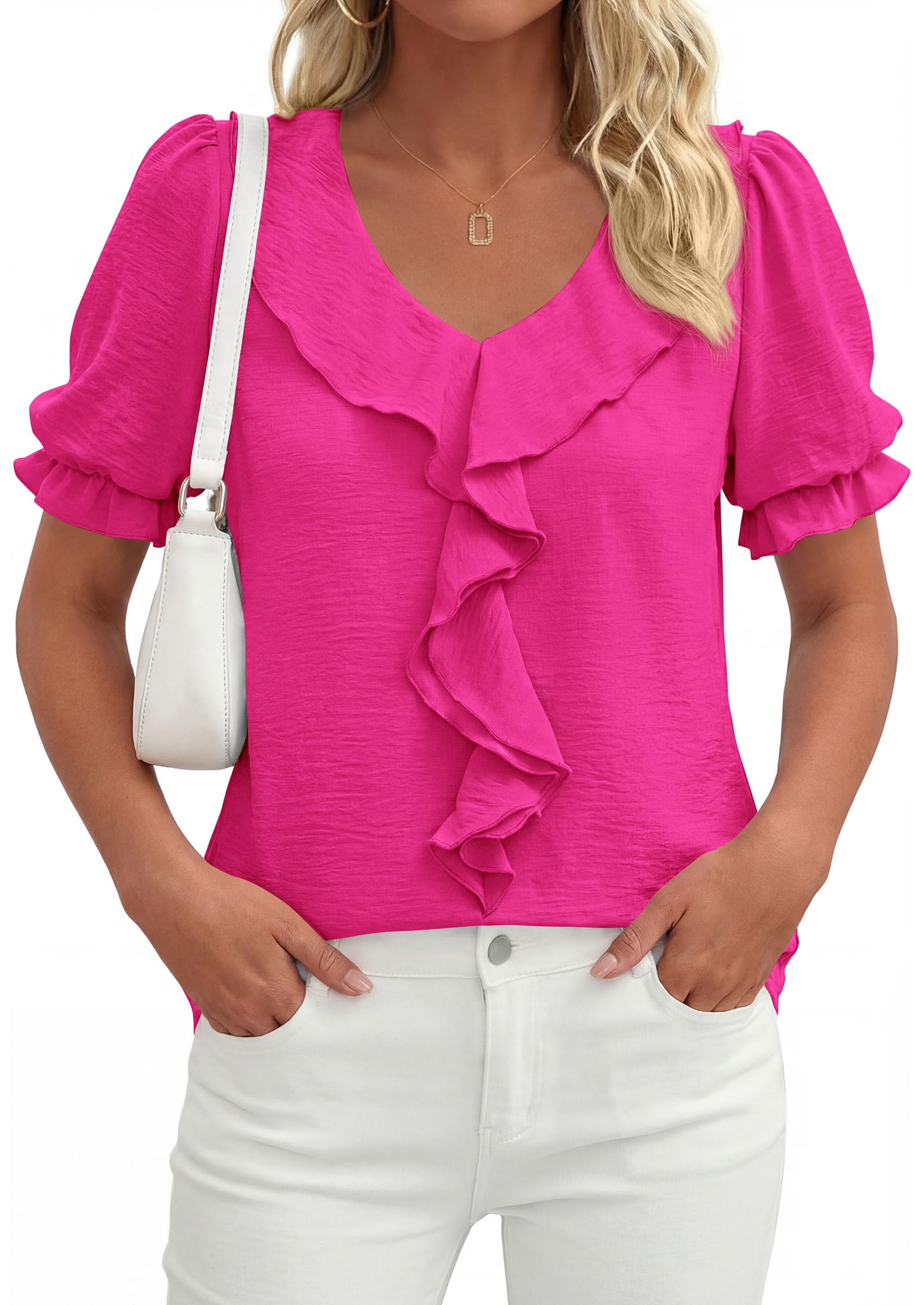 Women's Summer Ruffle Dressy Casual Blouses (Rose Red,S)
